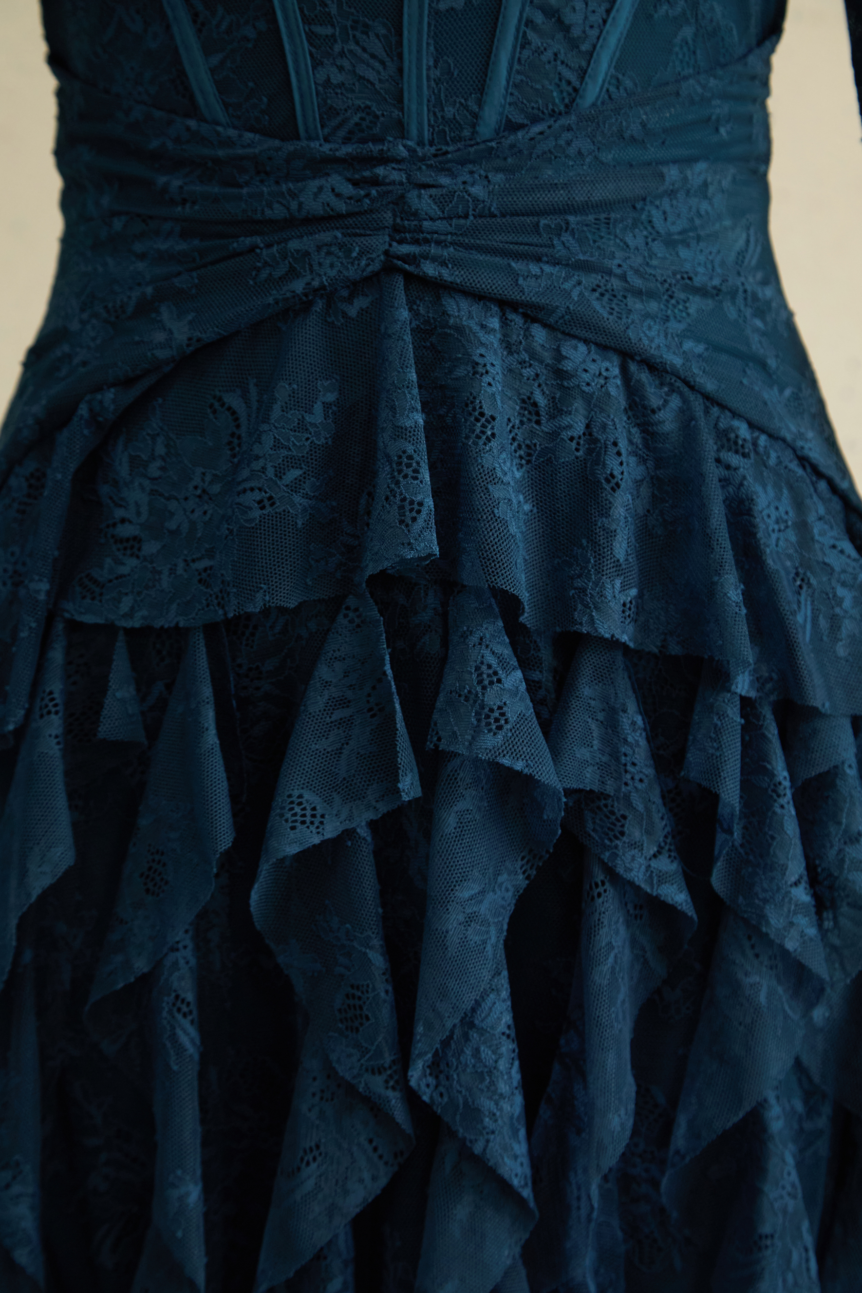 Romantic Tales Blue Lace Corset Bodice Ruffled Maxi Dress