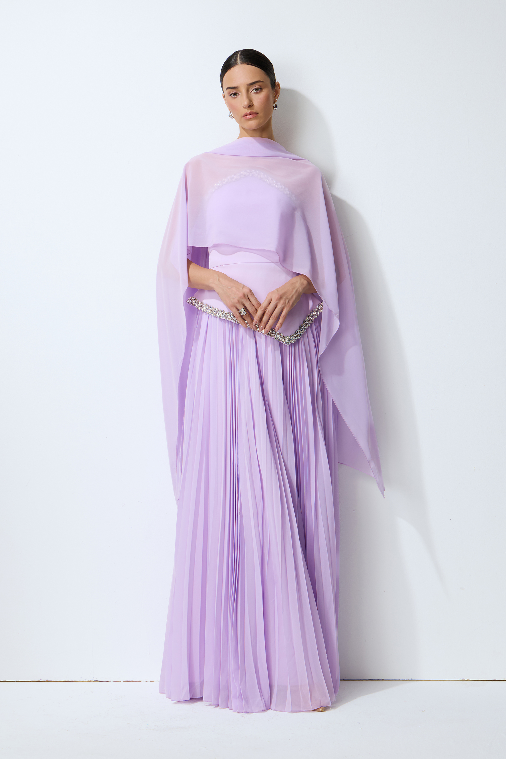 Catch Me Smiling Purple Embellished Strapless Pleated Set With Cape
