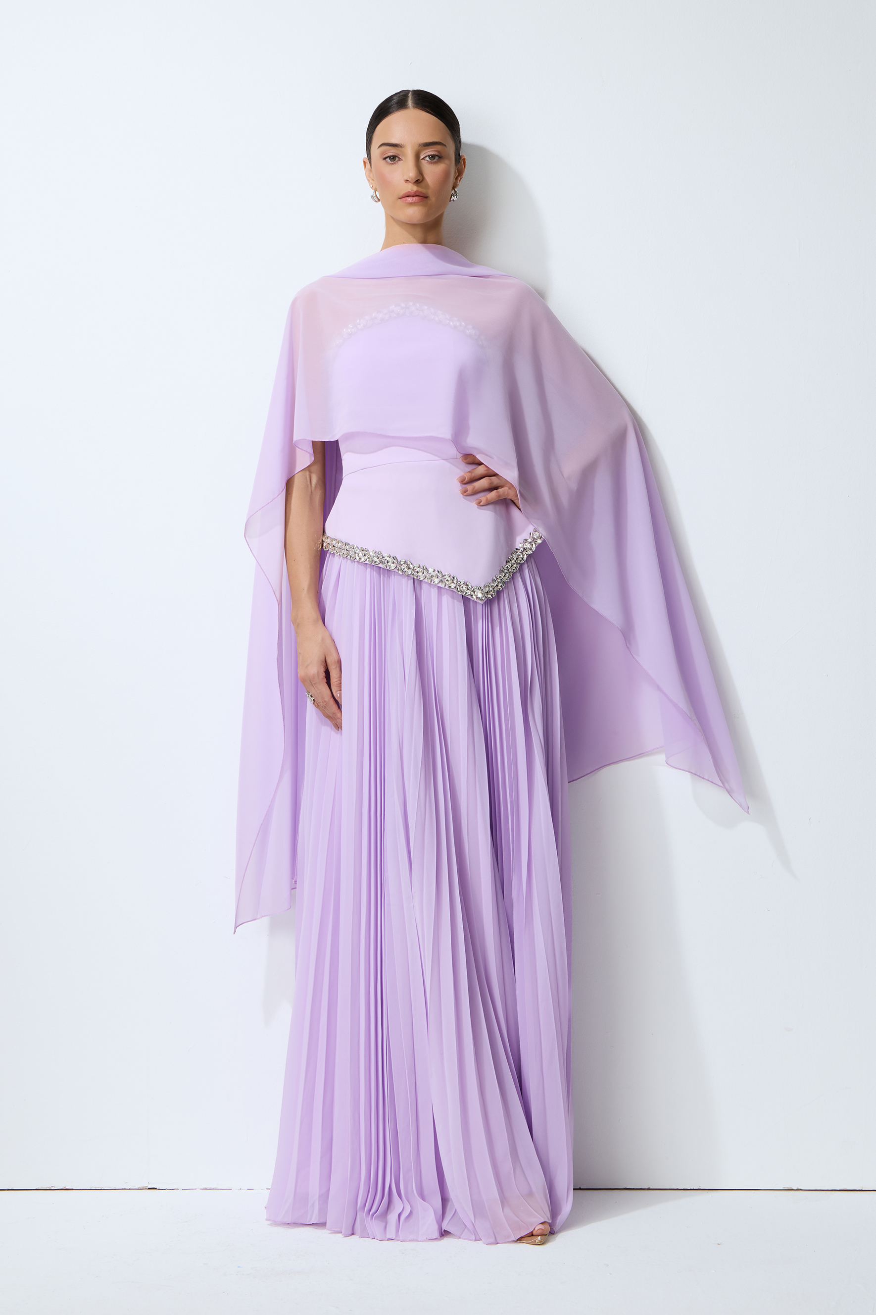 Catch Me Smiling Purple Embellished Strapless Pleated Set With Cape