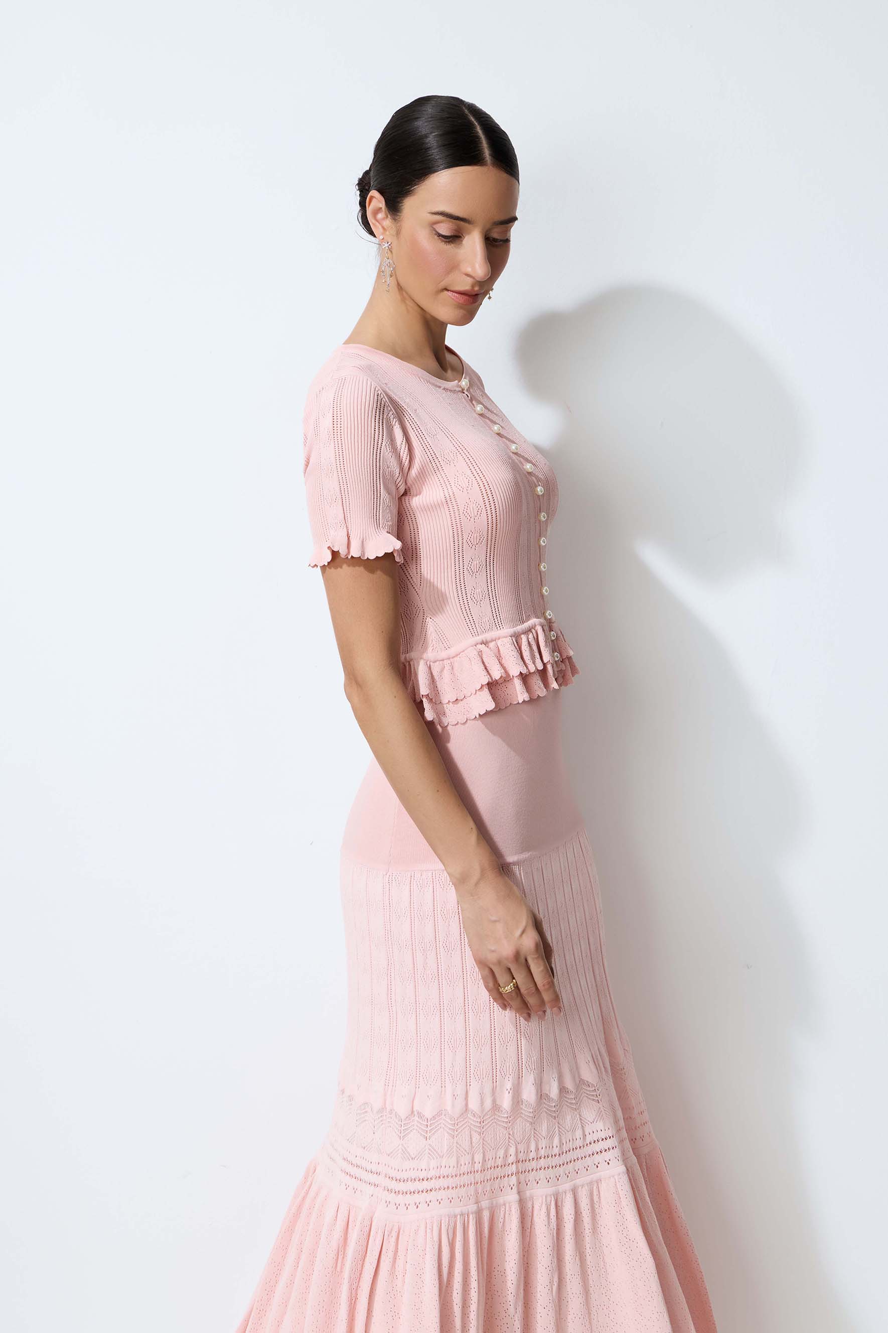 Sweetly Poised Pink Peplum Ruffle Knit Top & Skirt Set – sunfere