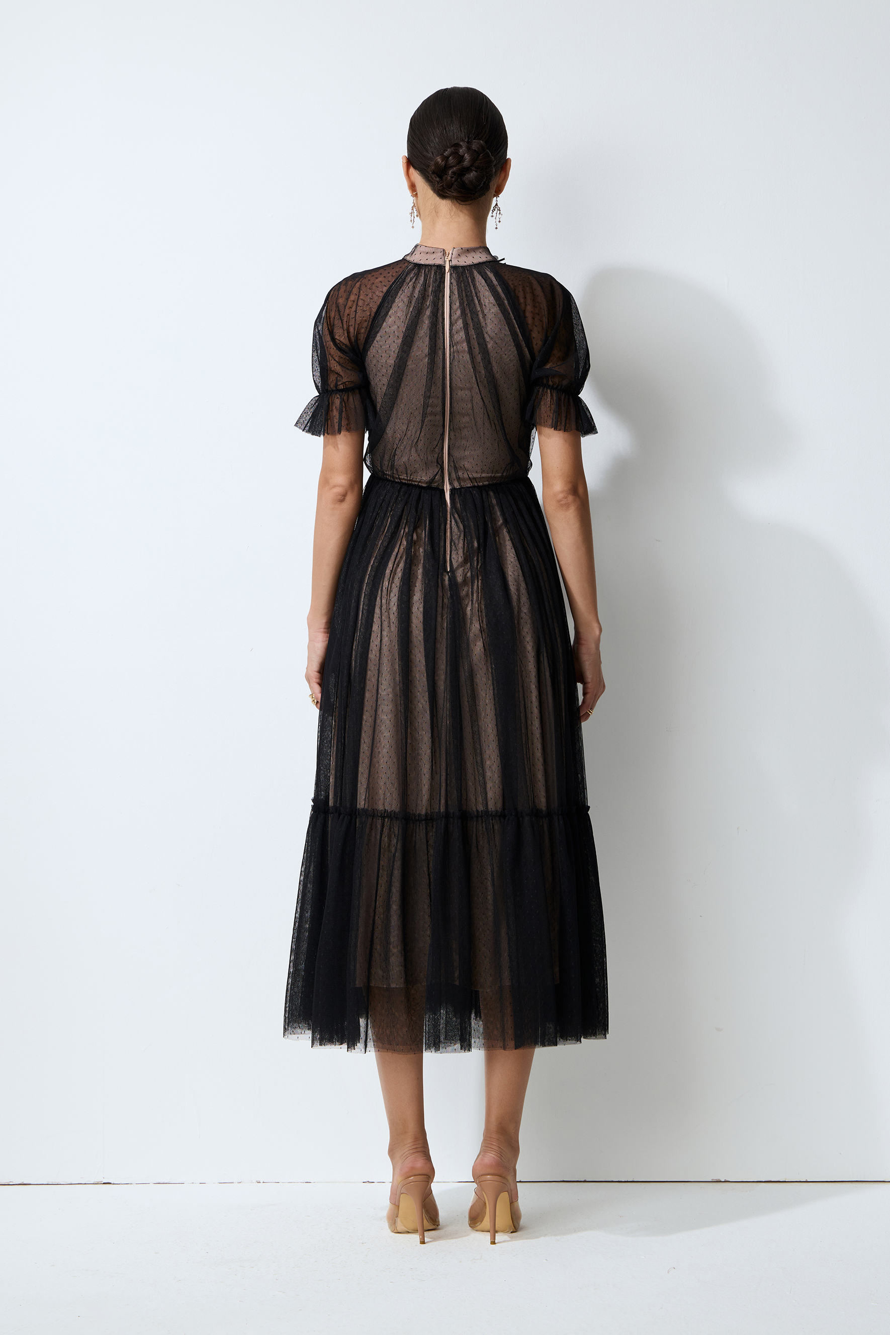 I Got You Love Black Flower Neck Polka Dot Tulle Midi Dress – sunfere