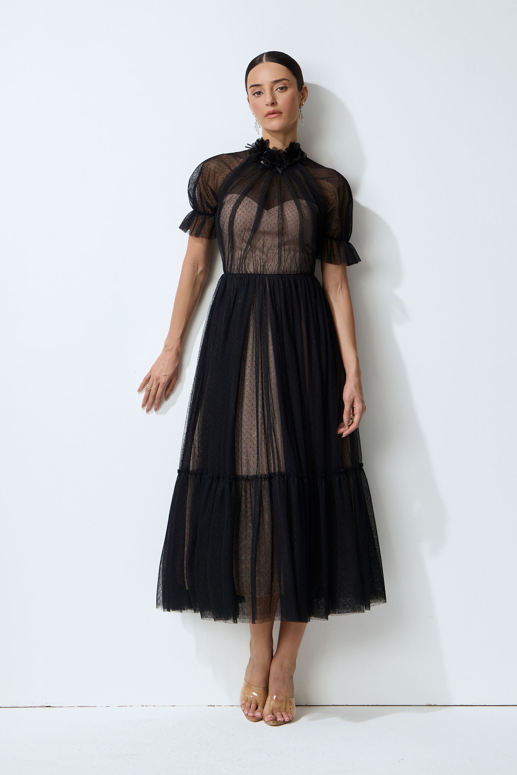 美品　dot tulle panel lace velour OP ブラック I Got You Love Black Flower Neck Polka Dot Tulle Midi Dress – sunfere