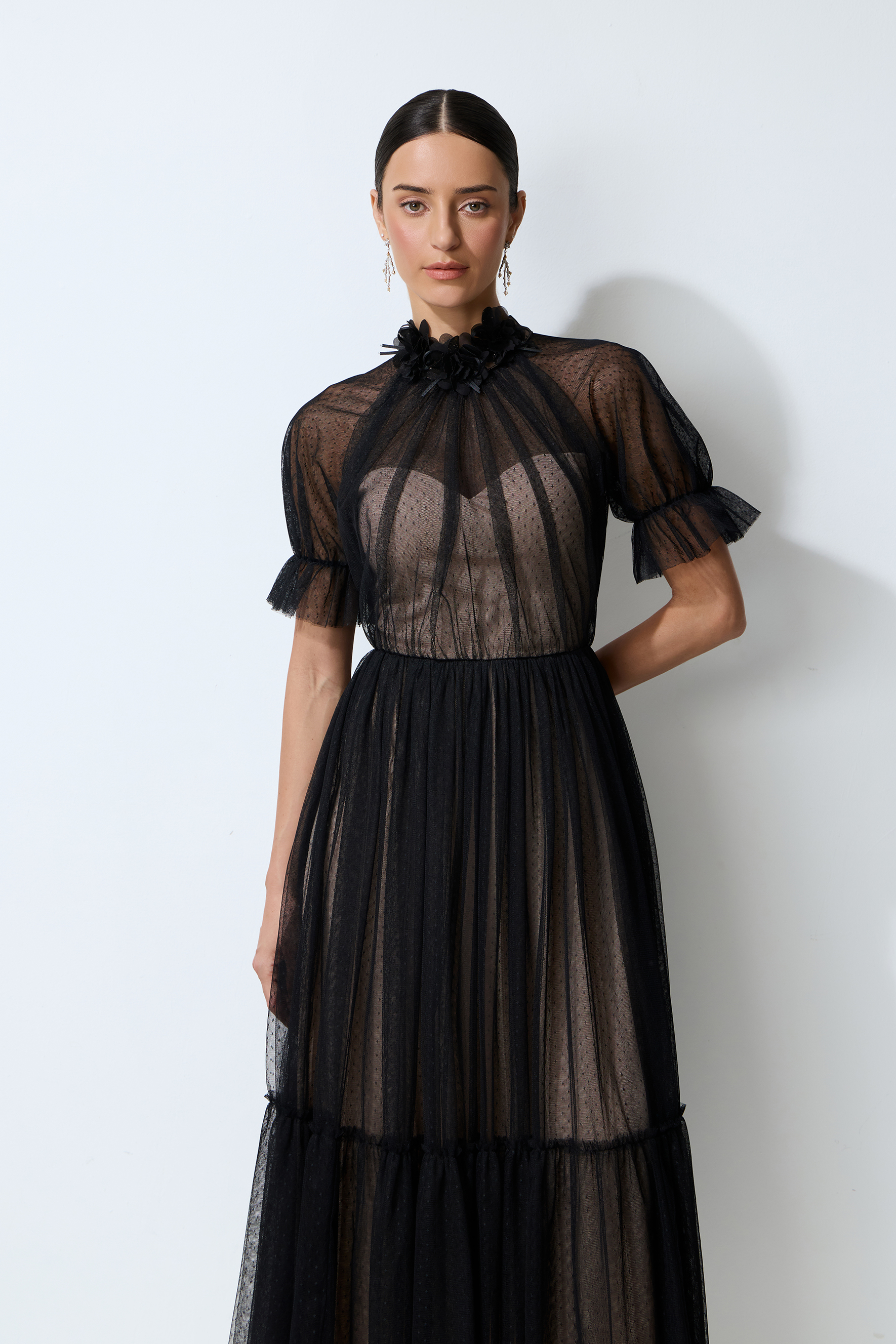 I Got You Love Black Flower Neck Polka Dot Tulle Midi Dress – sunfere