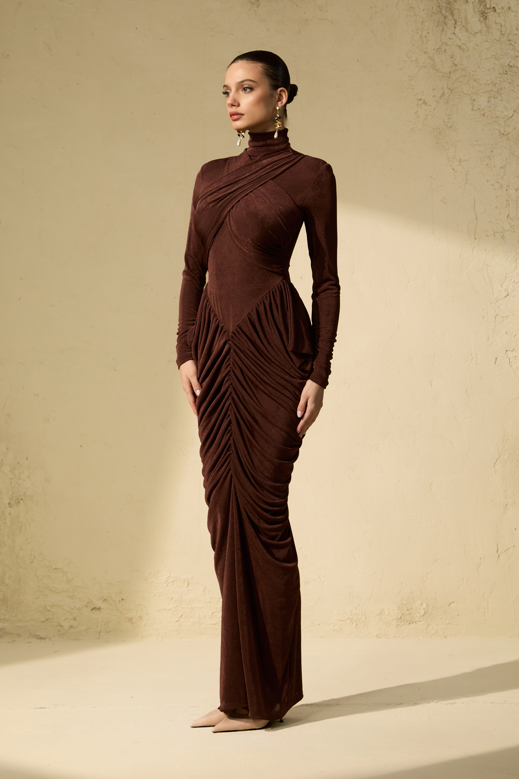 Composed Elegance Brown Ruched Draped Maxi Dress
