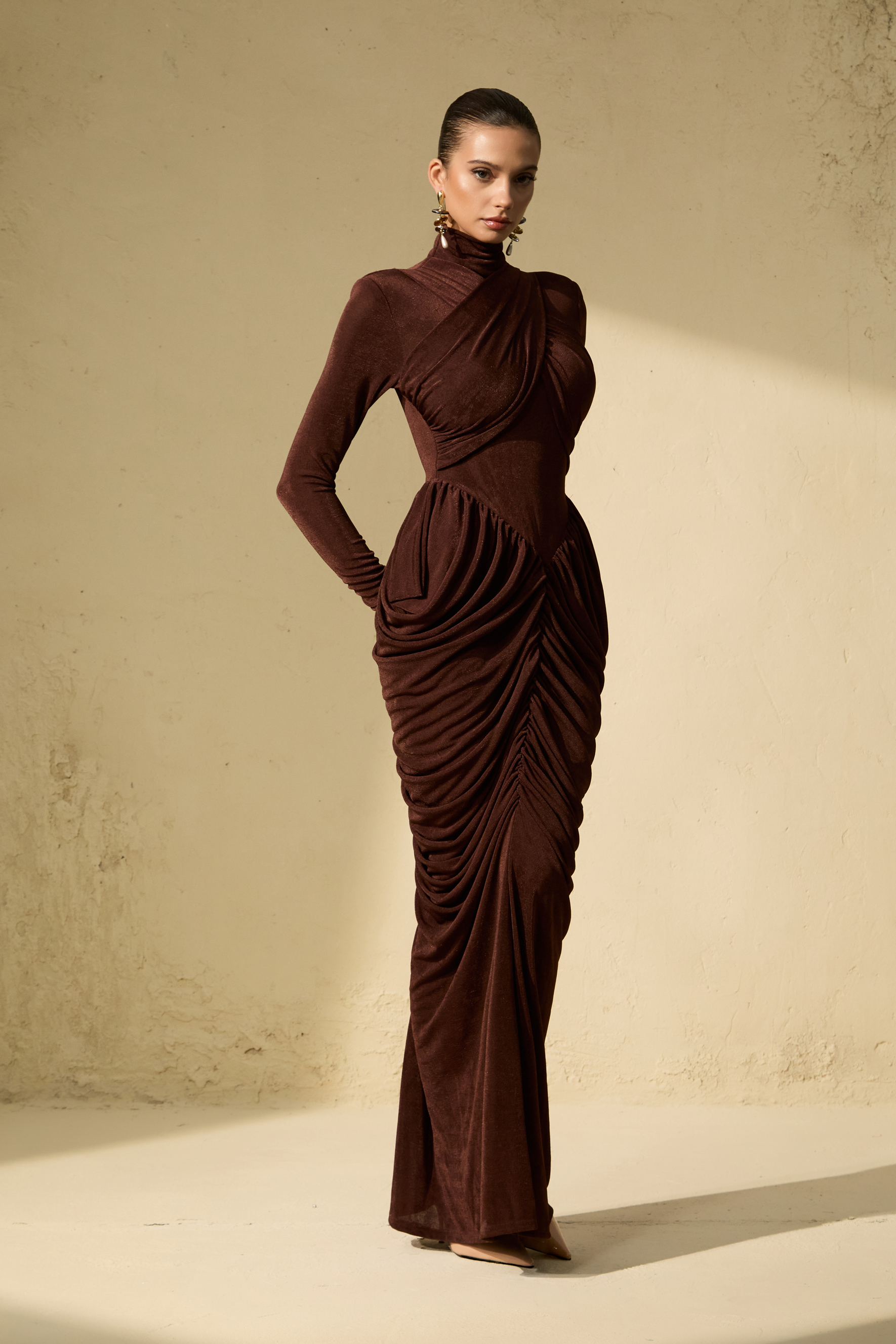 Composed Elegance Brown Ruched Draped Maxi Dress