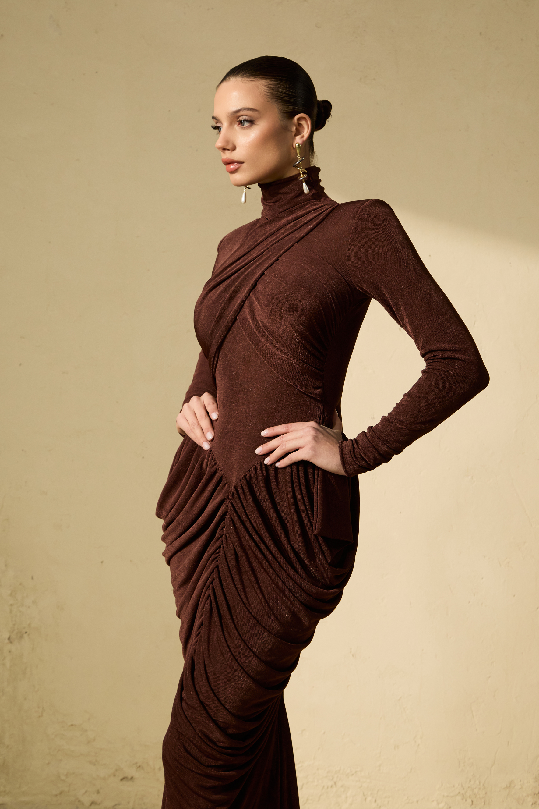 Composed Elegance Brown Ruched Draped Maxi Dress