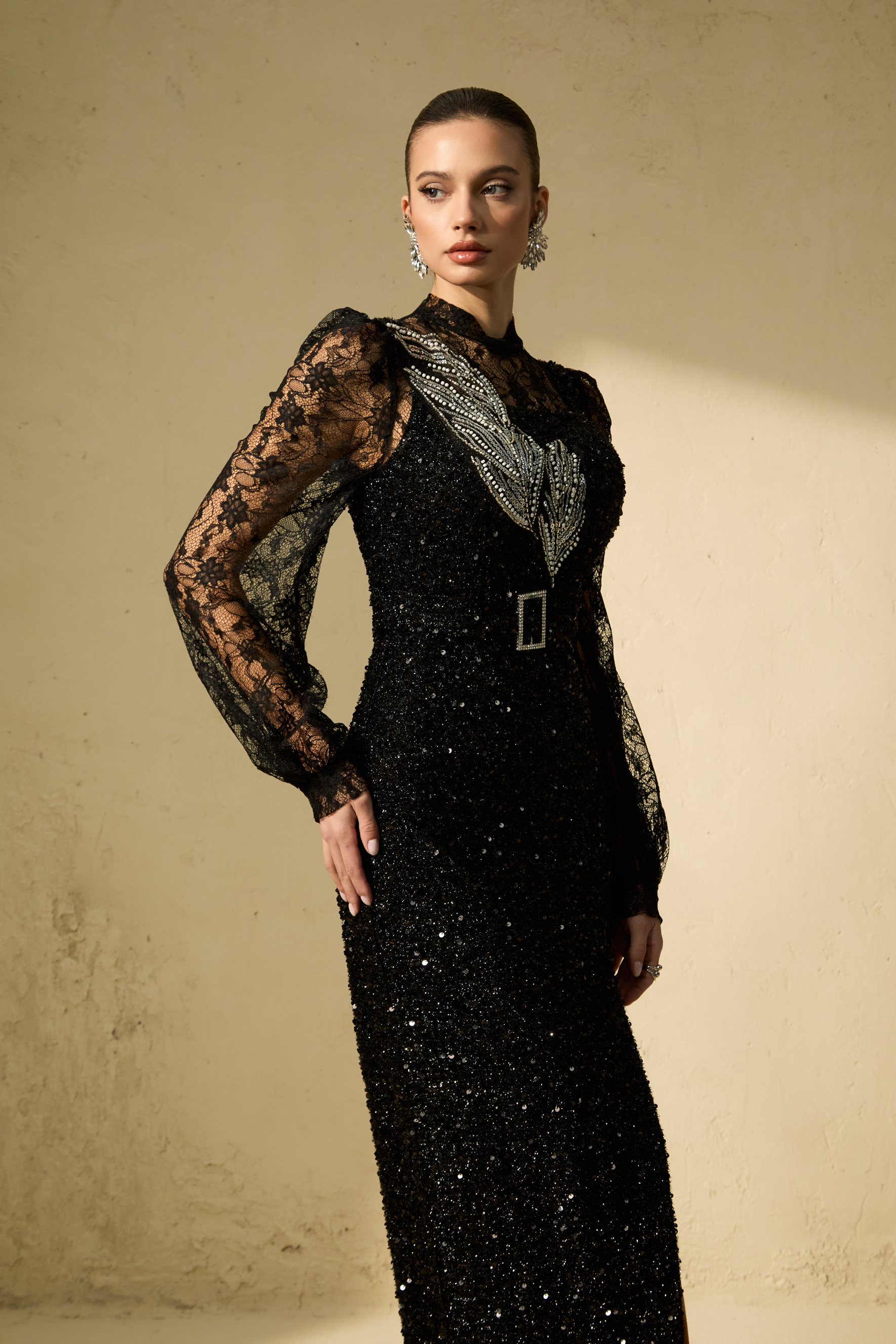 Appetite For Seduction Black Sequin Sheer Lace Maxi Dress