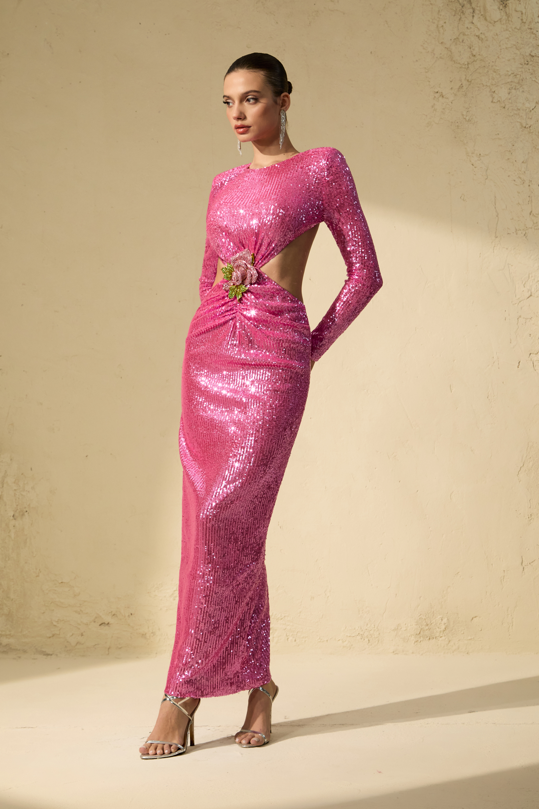 Definite Glamour Pink Sequined Cutout Maxi Dress