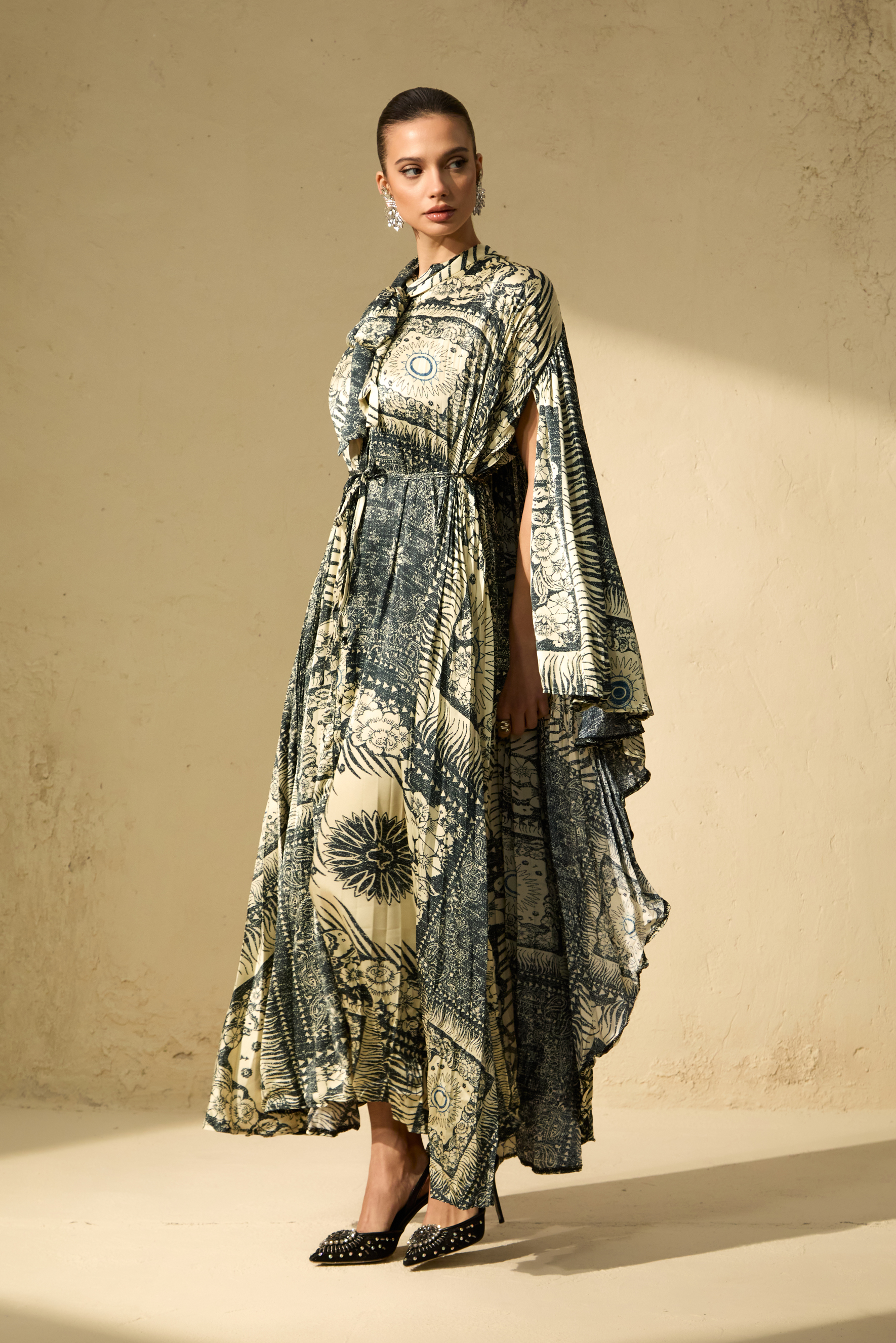 Signature Elegance Beige Printed Cape Sleeve Maxi Dress