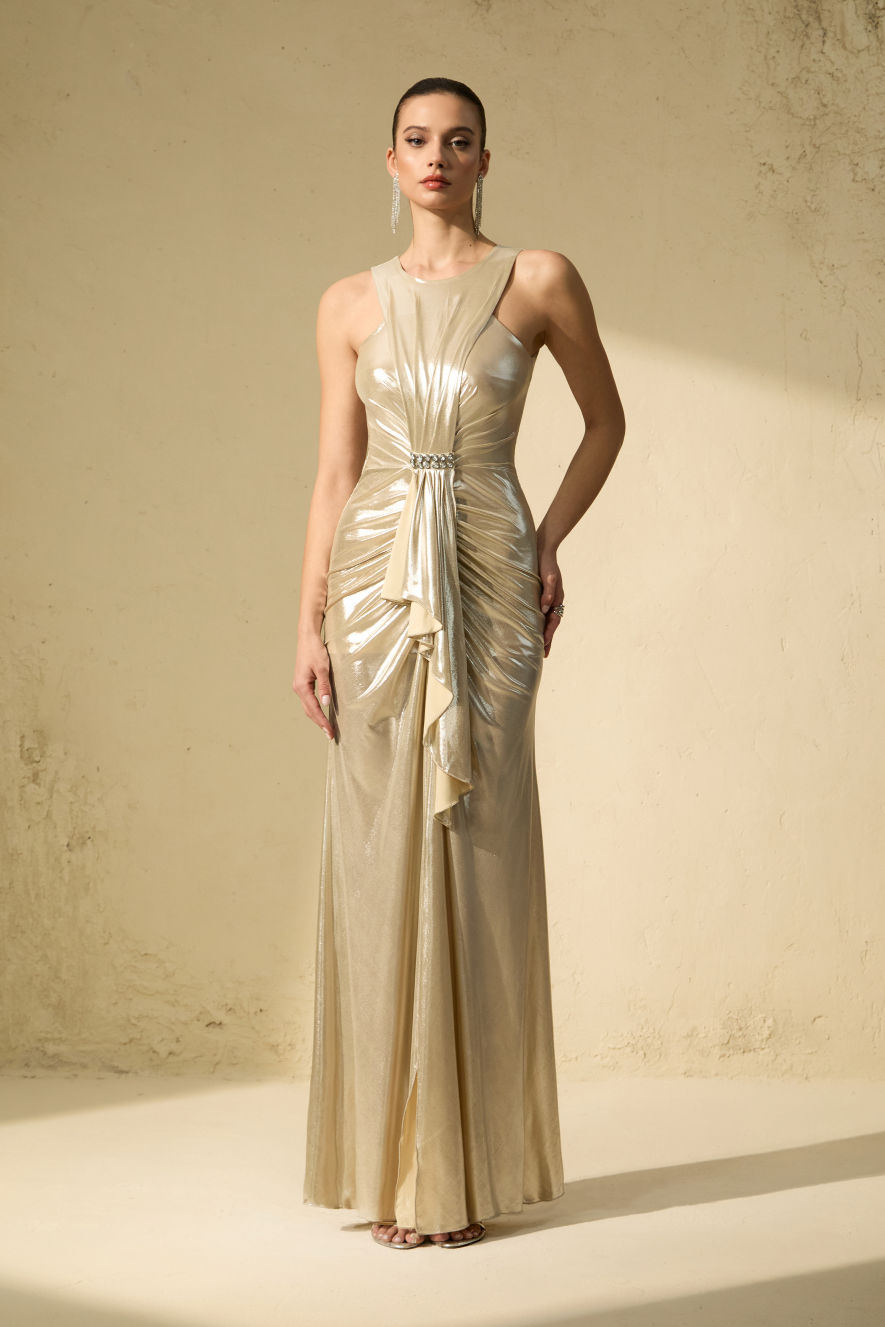 Queen Of The Night Silver Sleeveless Ruched Maxi Dress