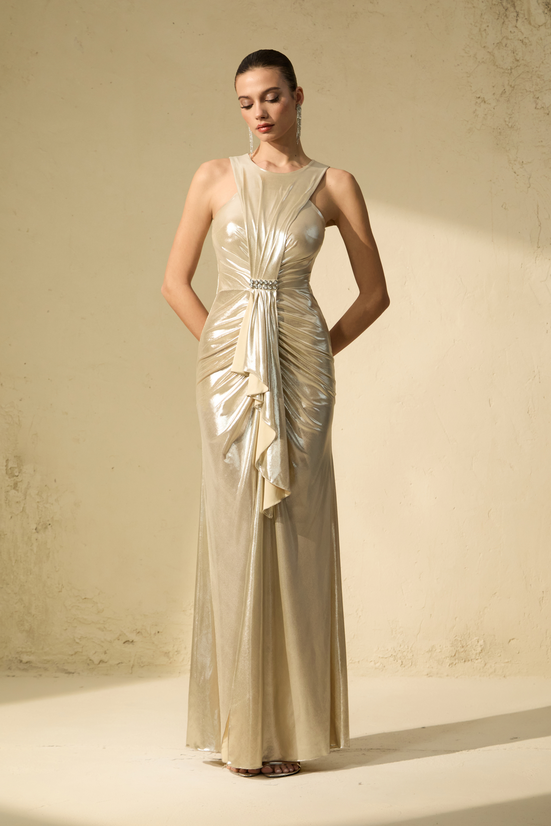 Queen Of The Night Silver Sleeveless Ruched Maxi Dress