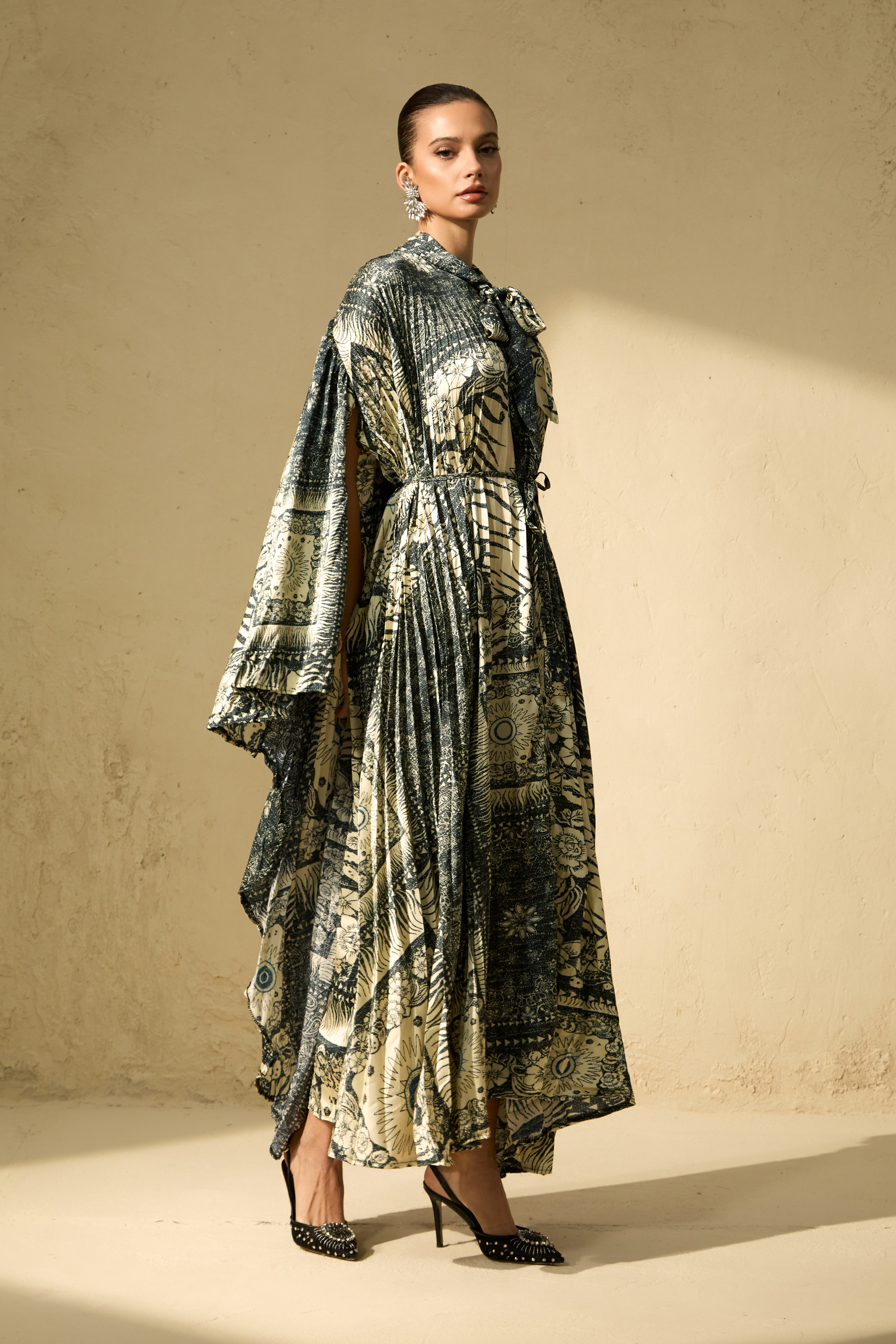 Signature Elegance Beige Printed Cape Sleeve Maxi Dress