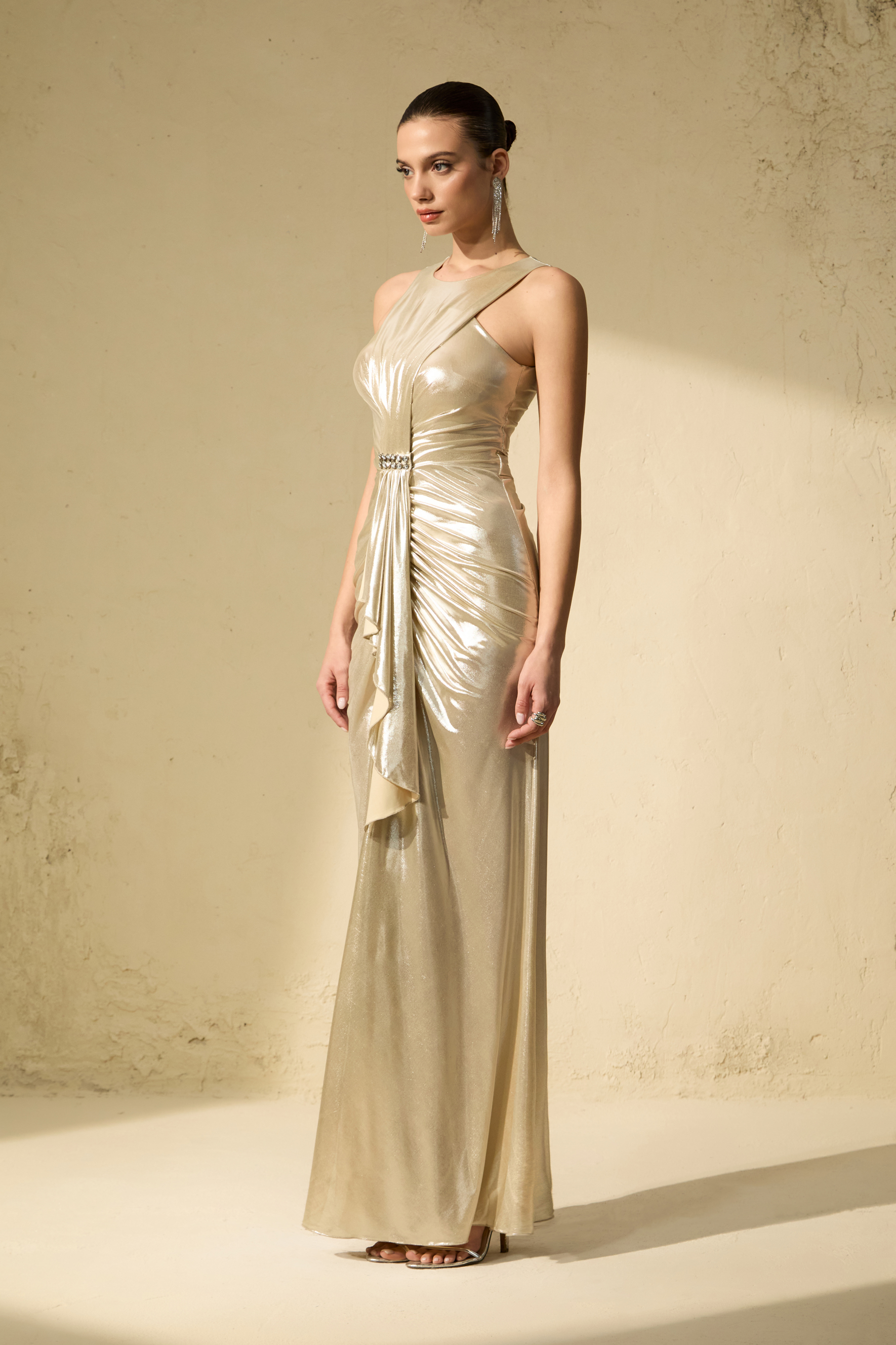 Queen Of The Night Silver Sleeveless Ruched Maxi Dress