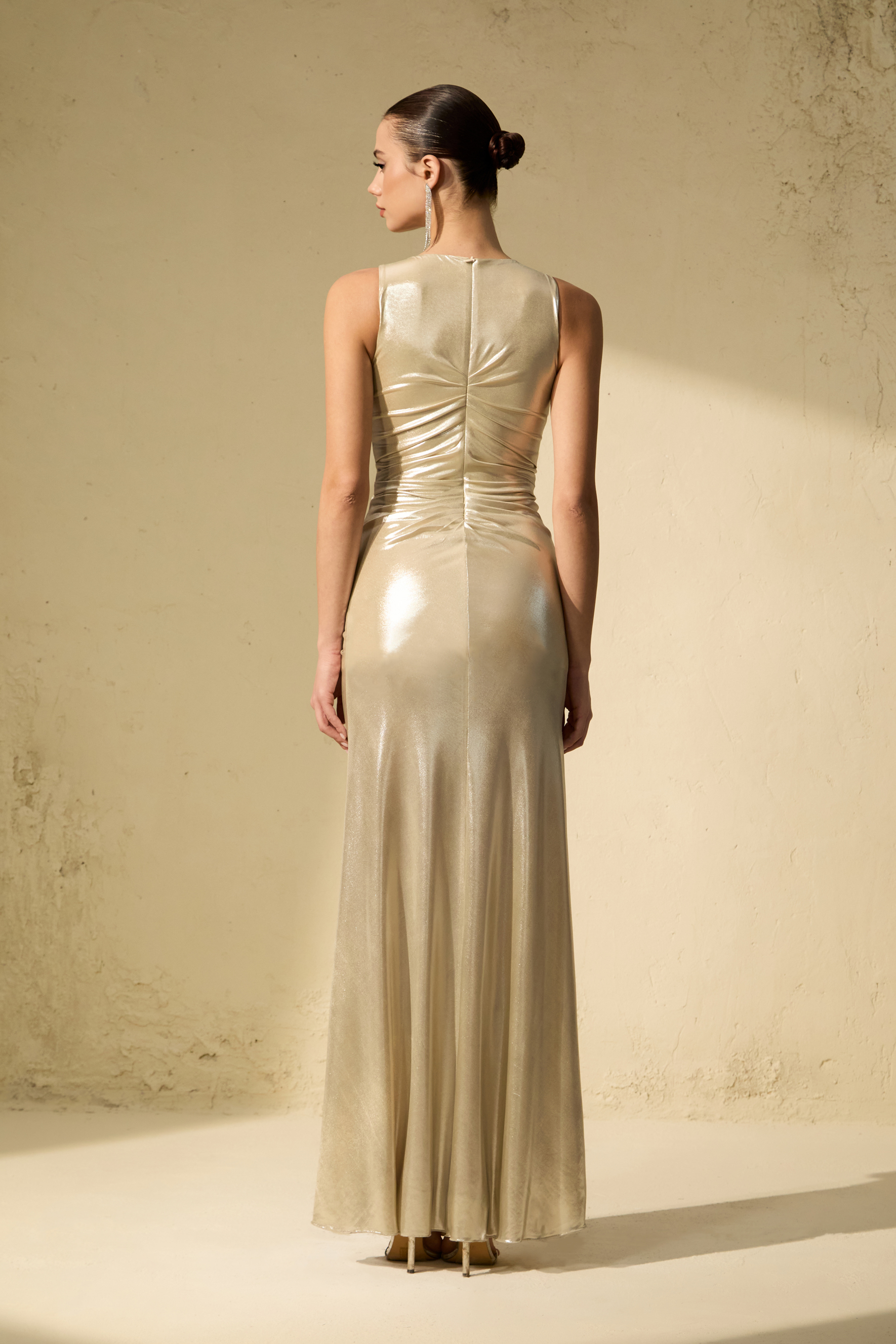Queen Of The Night Silver Sleeveless Ruched Maxi Dress