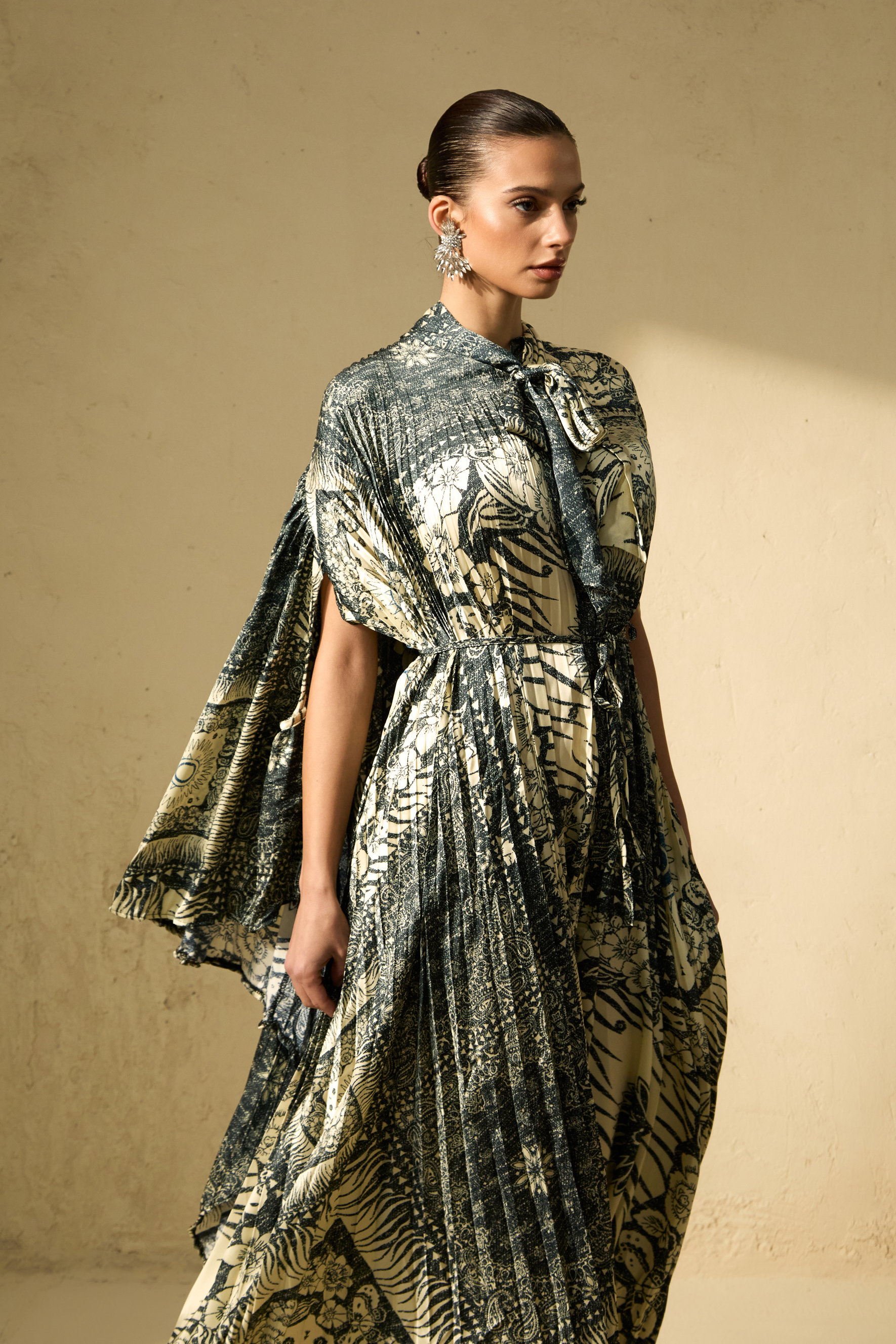 Signature Elegance Beige Printed Cape Sleeve Maxi Dress