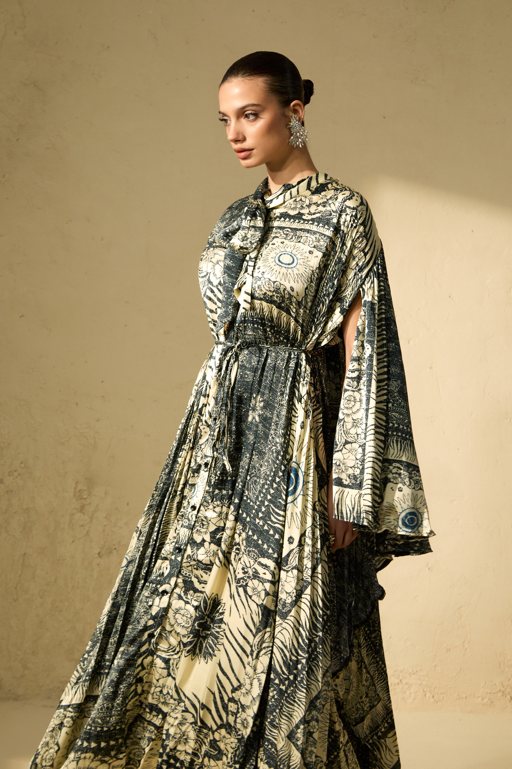 Signature Elegance Beige Printed Cape Sleeve Maxi Dress