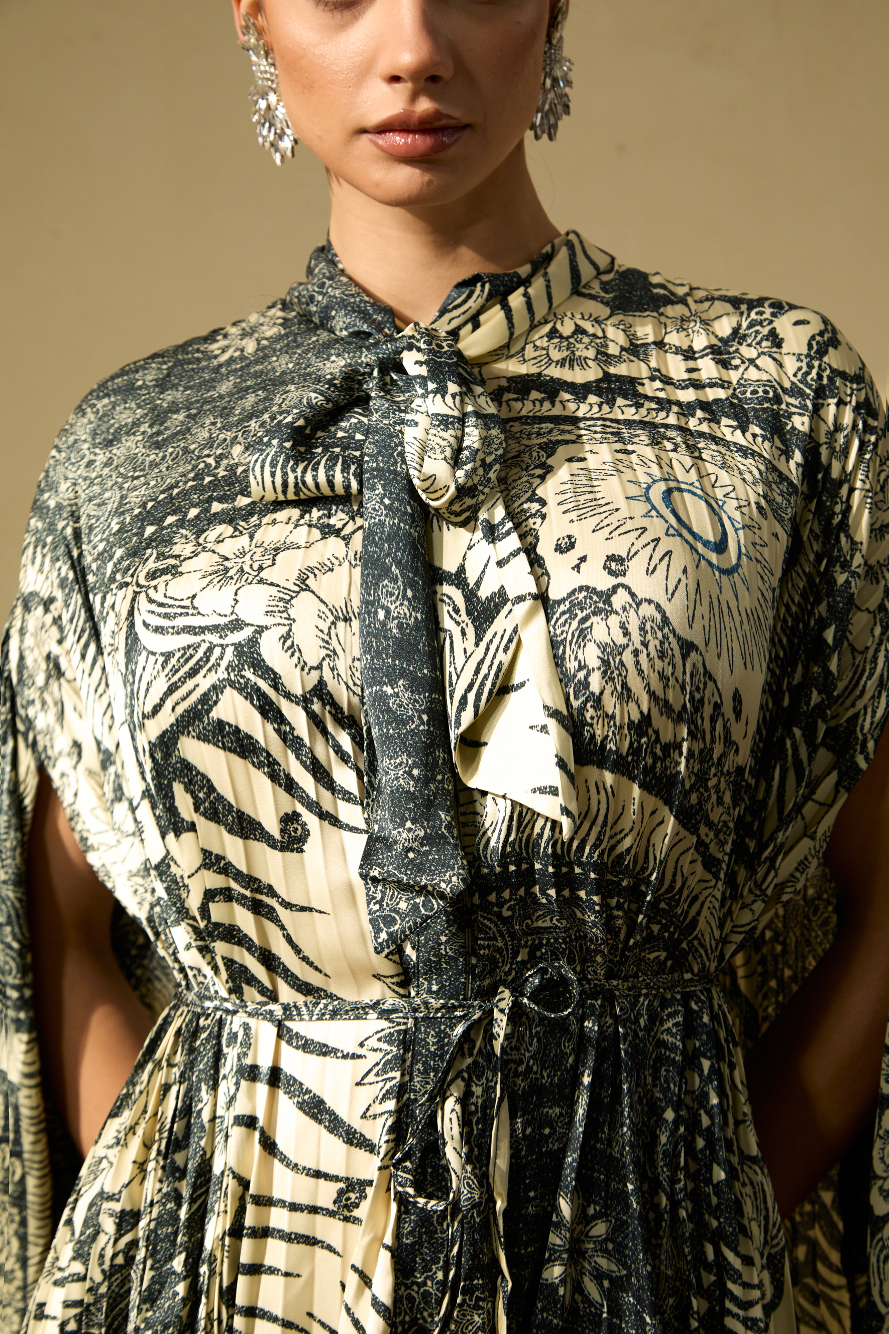 Signature Elegance Beige Printed Cape Sleeve Maxi Dress