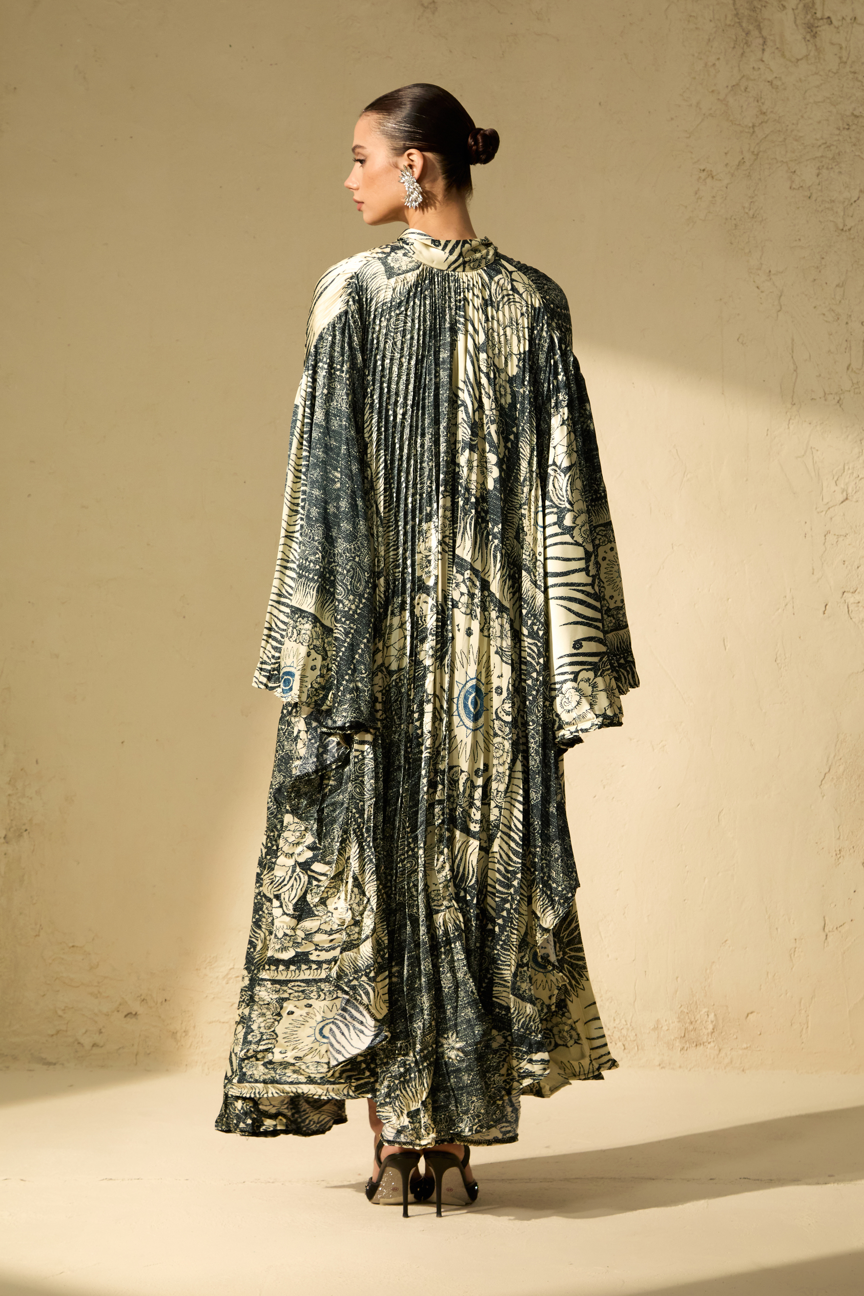 Signature Elegance Beige Printed Cape Sleeve Maxi Dress