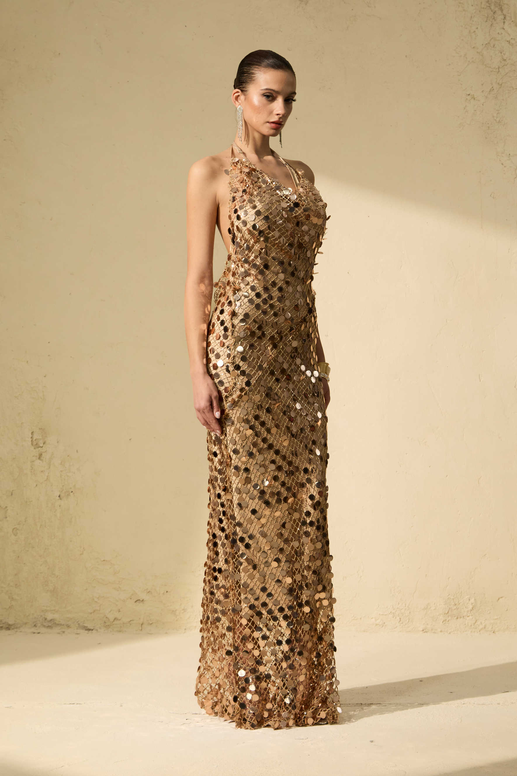 Radiance Starlet Gold Sequin Fishnet Maxi Dress