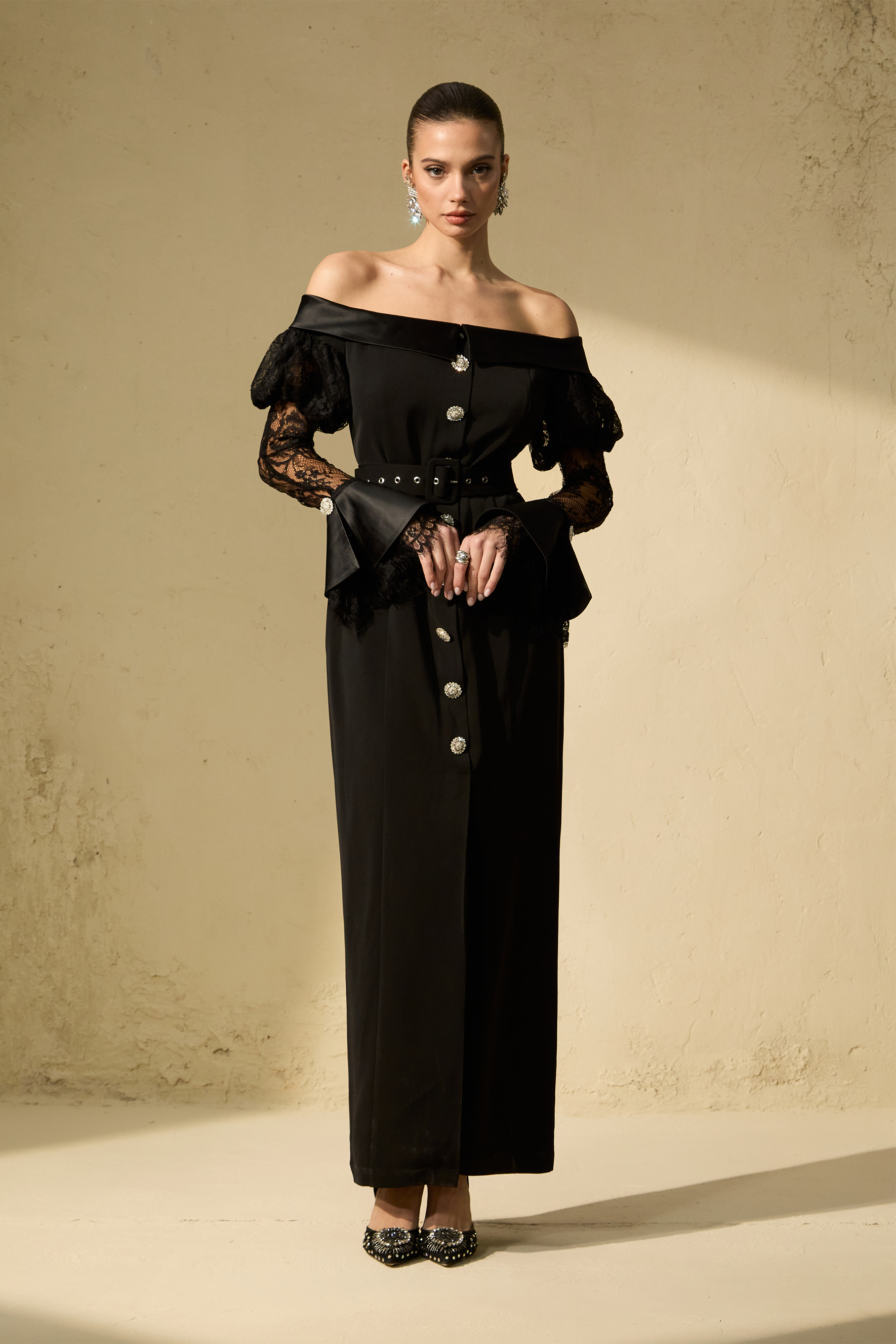 Subtle Allure Black Off Shoulder Lace Sleeve Maxi Dress