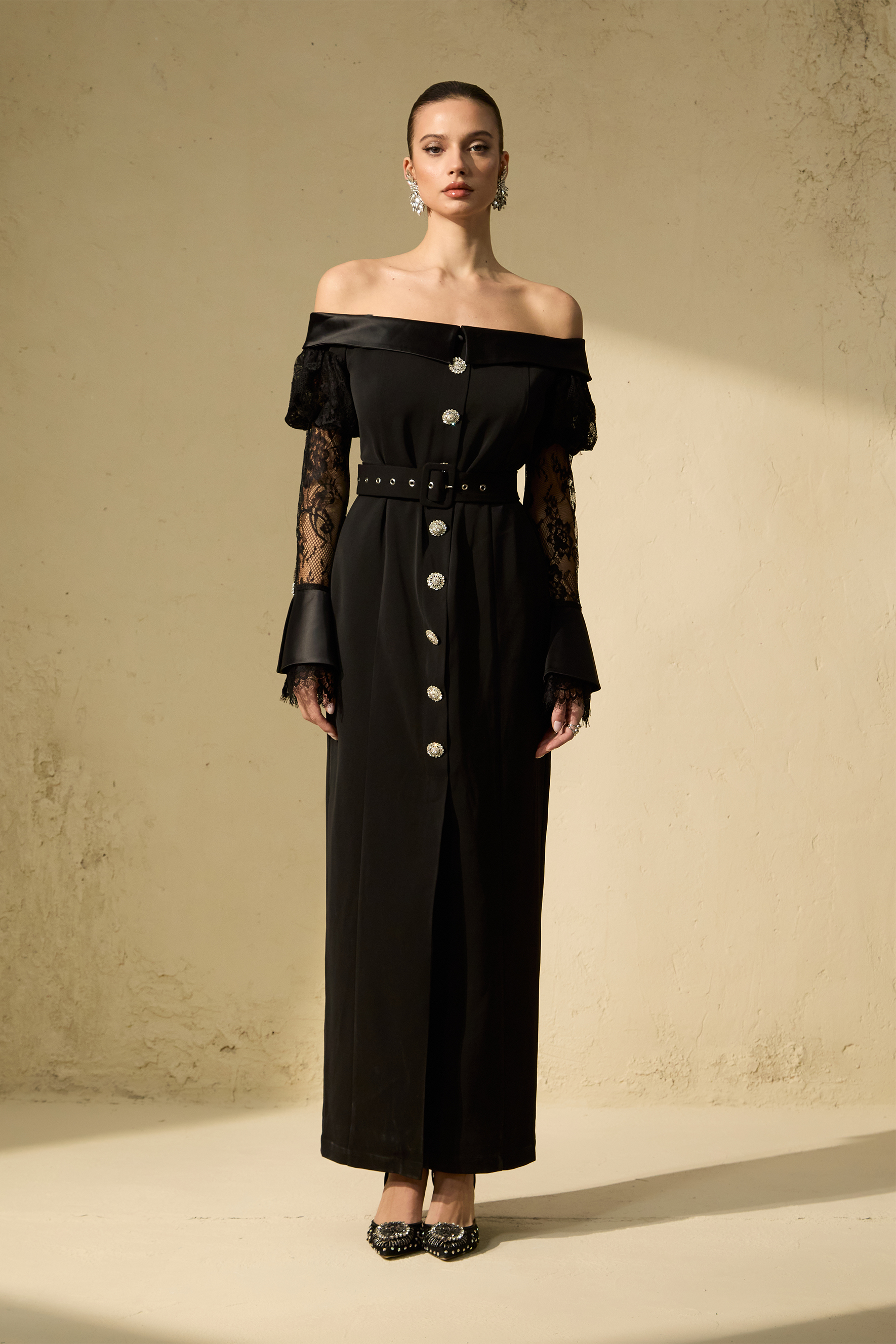 Subtle Allure Black Off Shoulder Lace Sleeve Maxi Dress