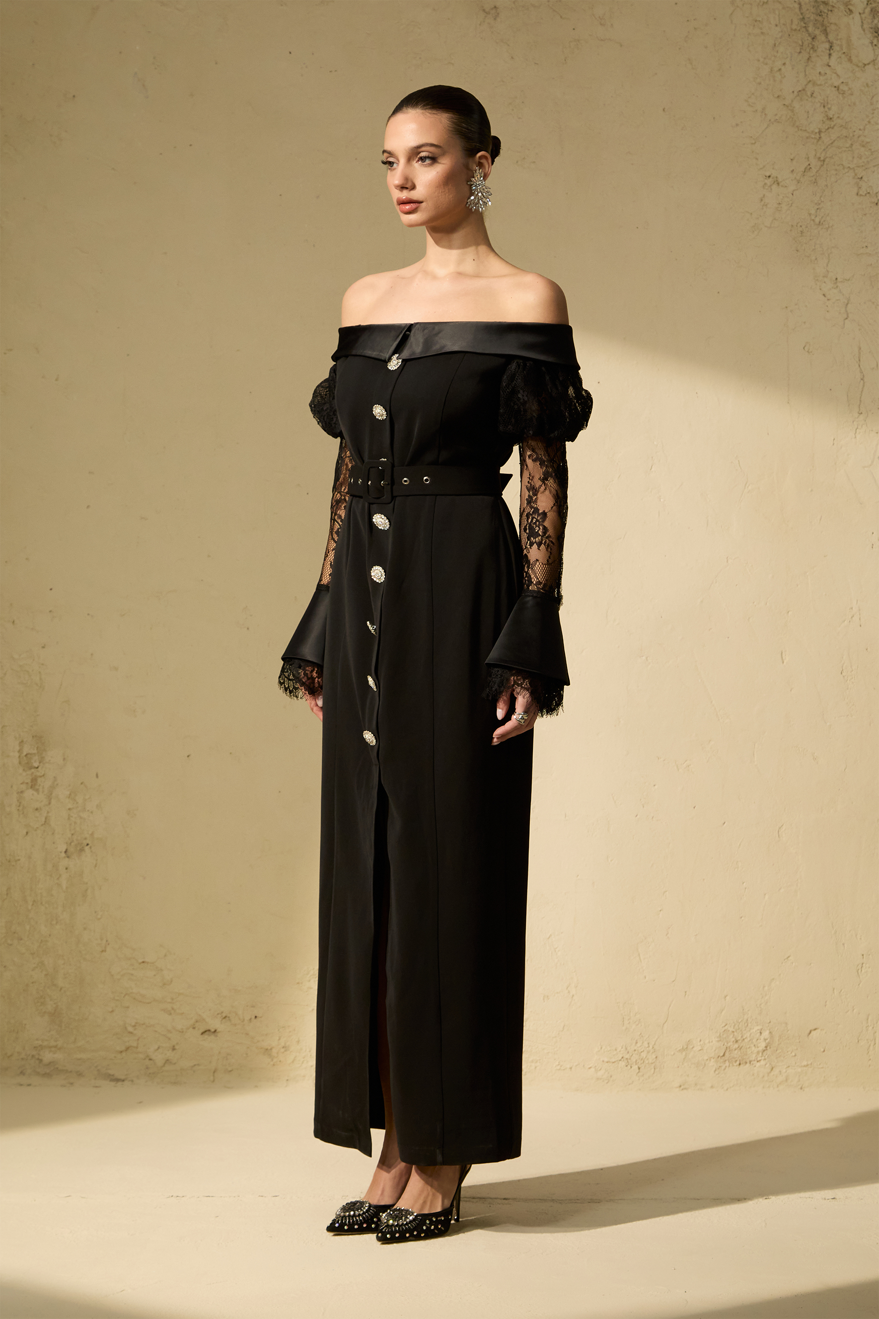 Subtle Allure Black Off Shoulder Lace Sleeve Maxi Dress