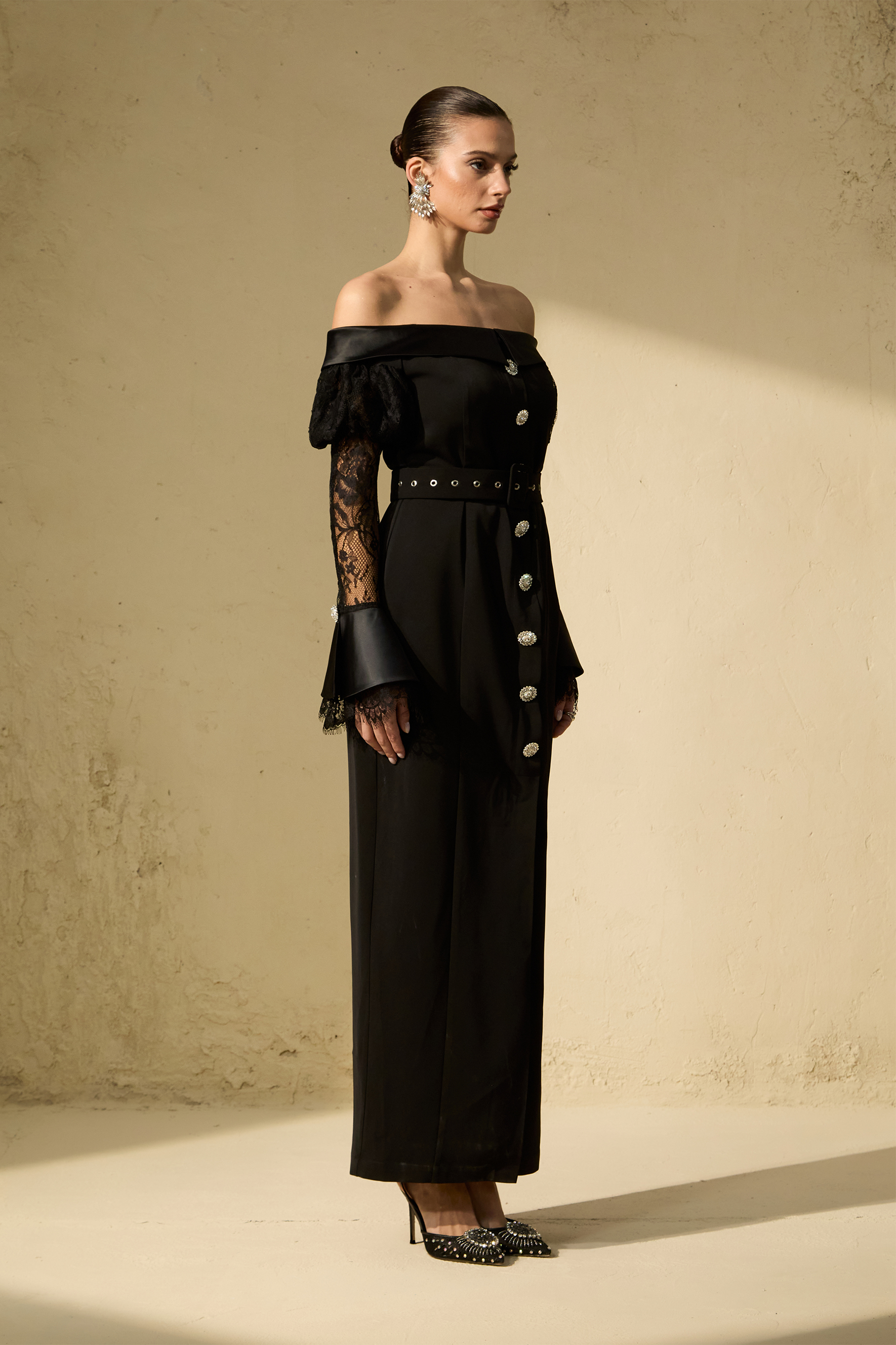 Subtle Allure Black Off Shoulder Lace Sleeve Maxi Dress