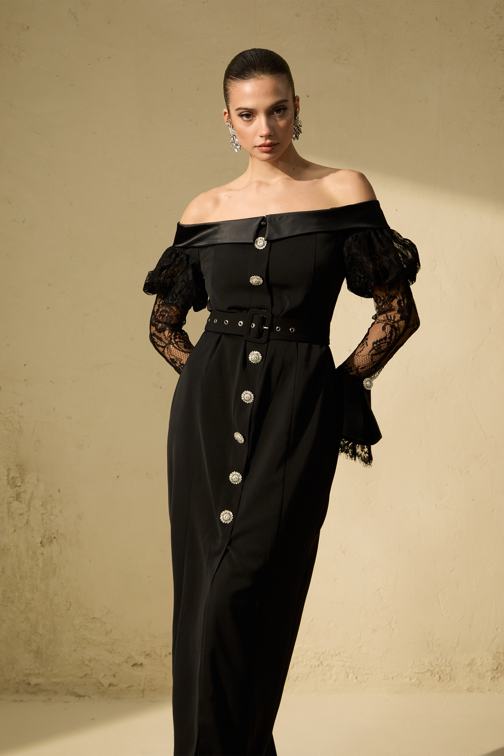 Subtle Allure Black Off Shoulder Lace Sleeve Maxi Dress