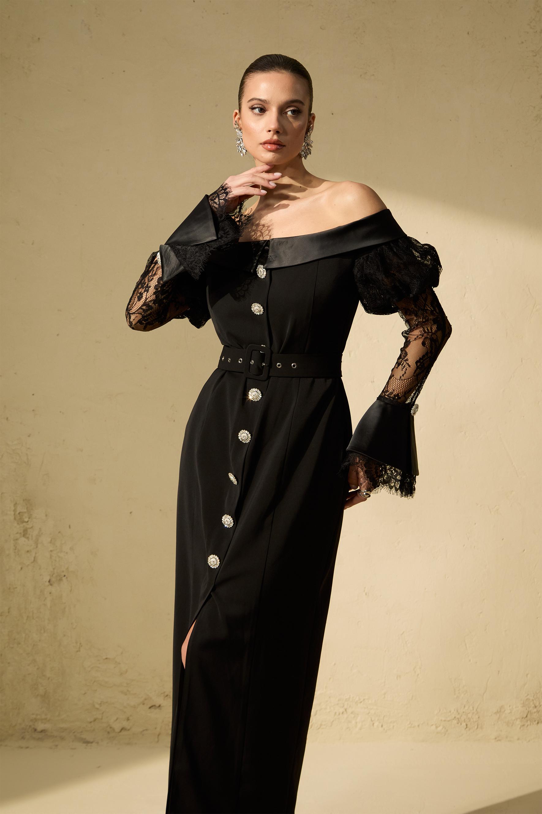 Subtle Allure Black Off Shoulder Lace Sleeve Maxi Dress