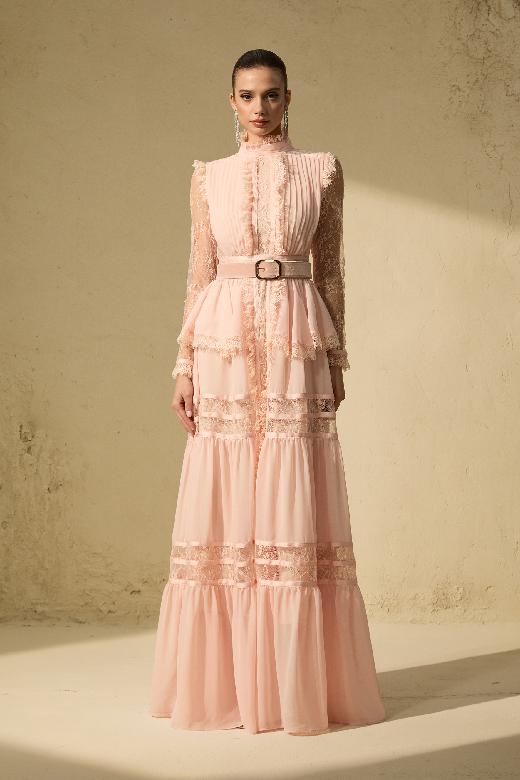 Unique Impression Pink High Neck Ruffled Trim Maxi Dress