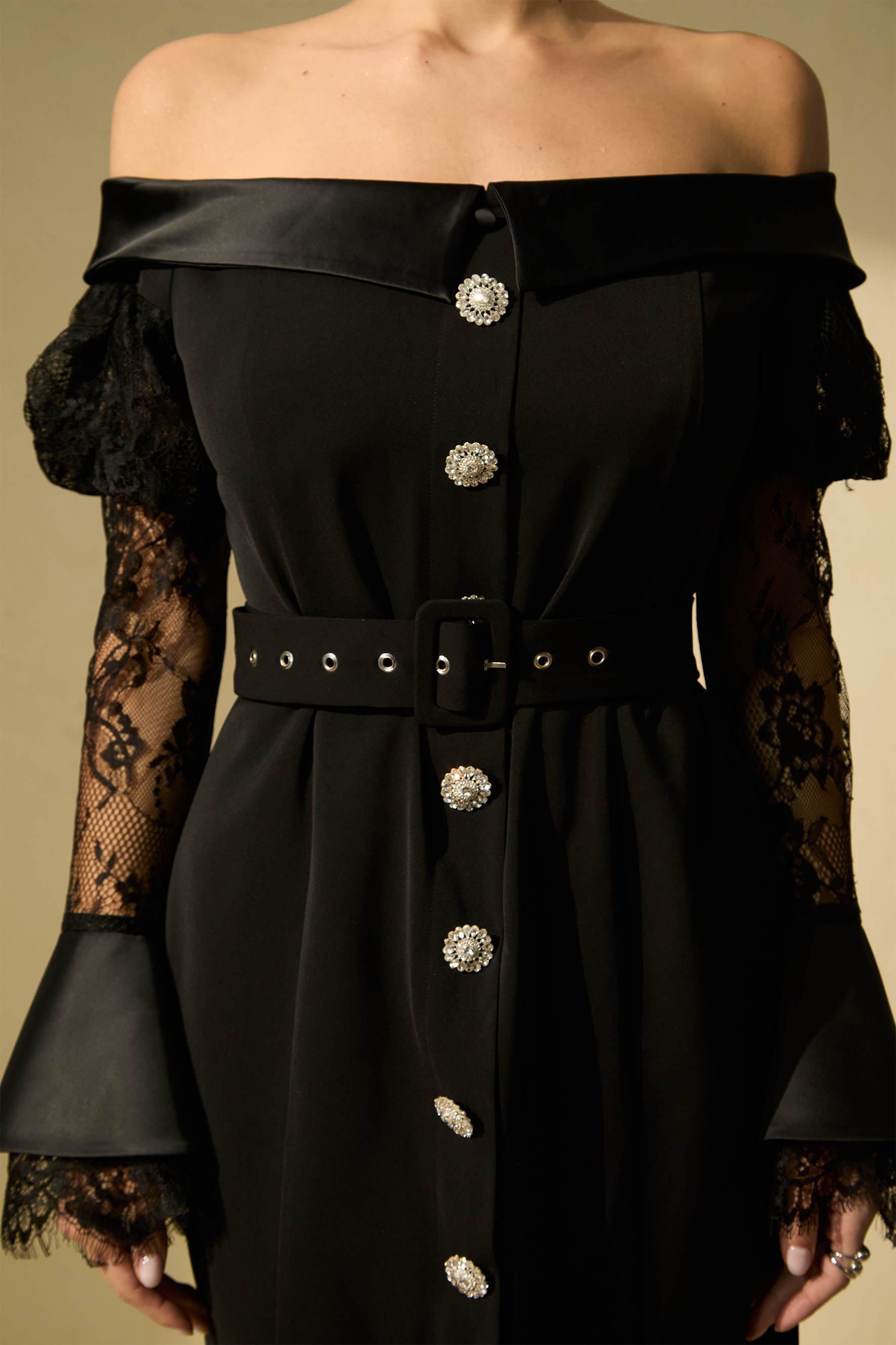 Subtle Allure Black Off Shoulder Lace Sleeve Maxi Dress