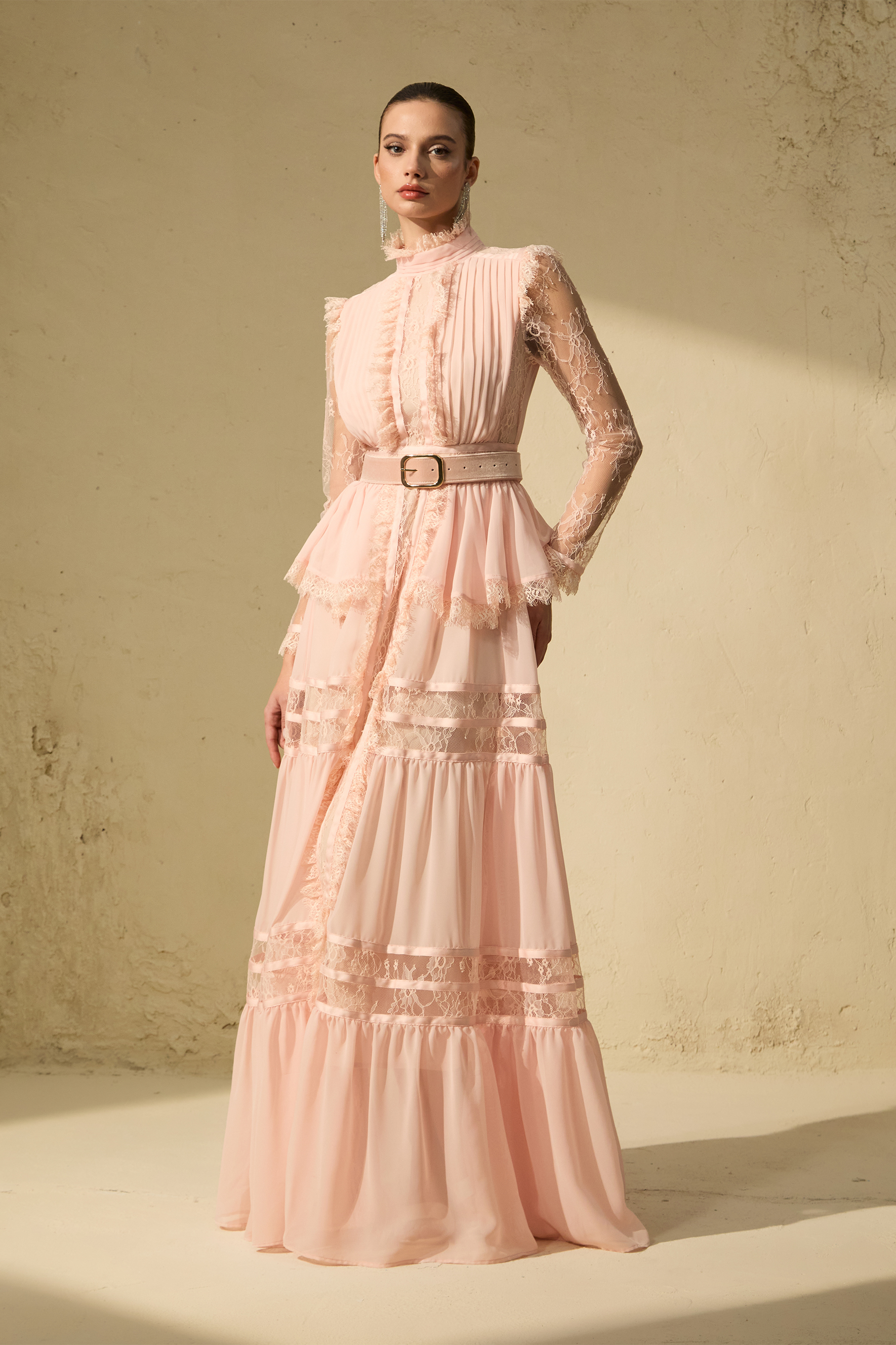 Unique Impression Pink High Neck Ruffled Trim Maxi Dress