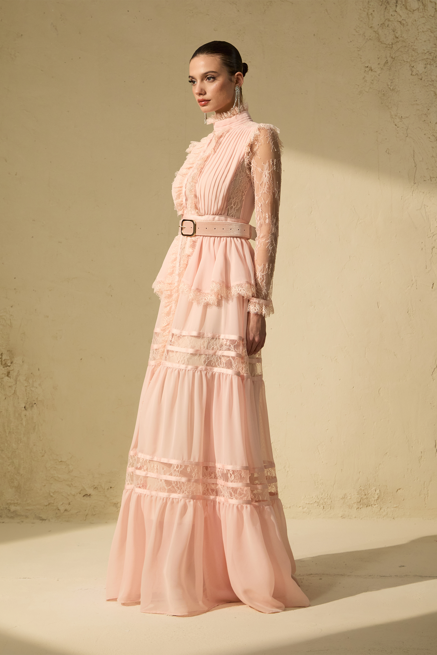 Unique Impression Pink High Neck Ruffled Trim Maxi Dress