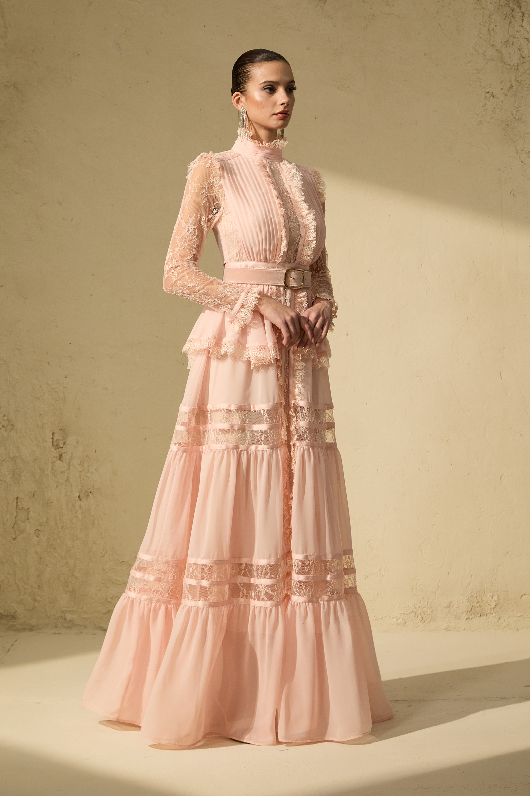 Unique Impression Pink High Neck Ruffled Trim Maxi Dress