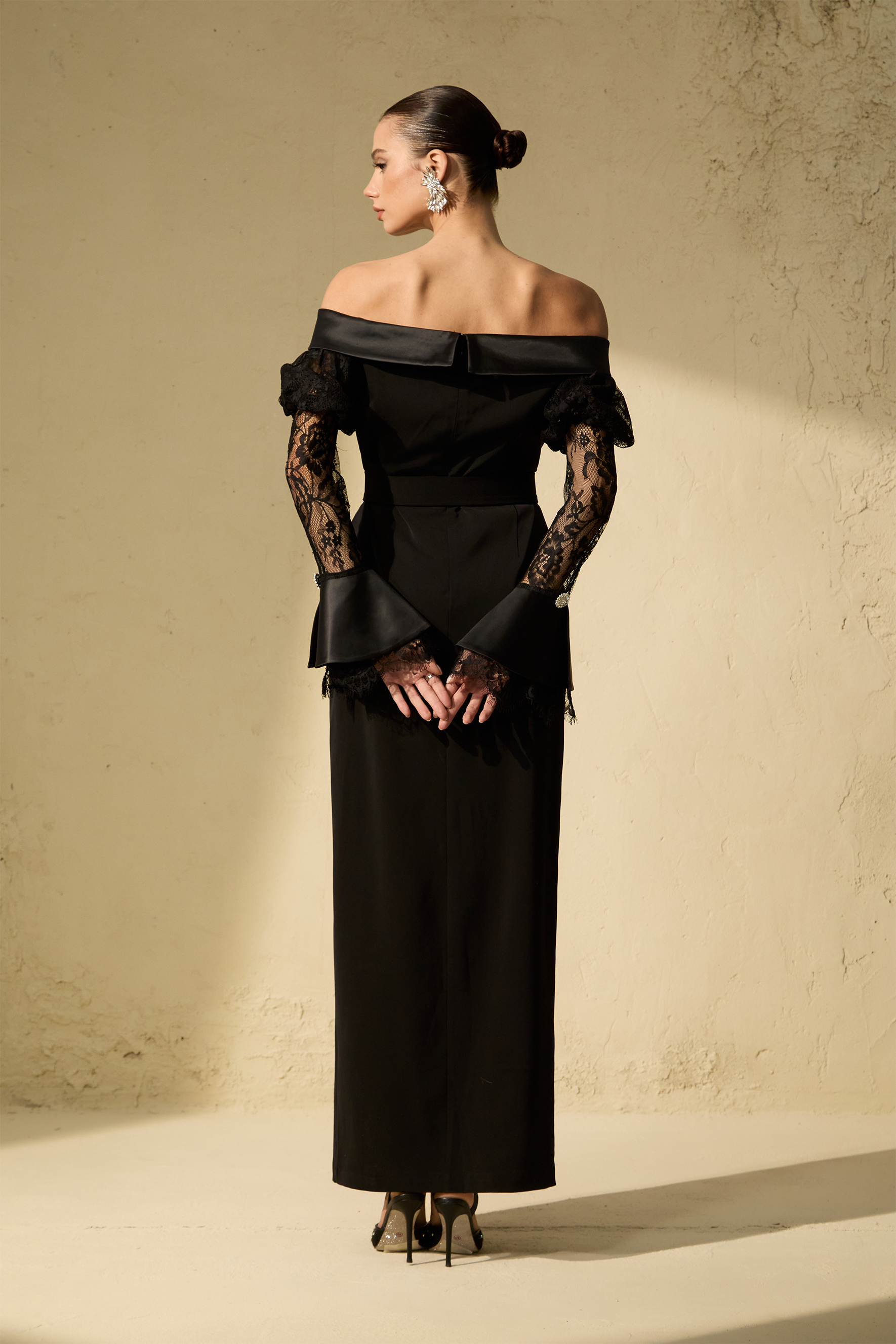 Subtle Allure Black Off Shoulder Lace Sleeve Maxi Dress