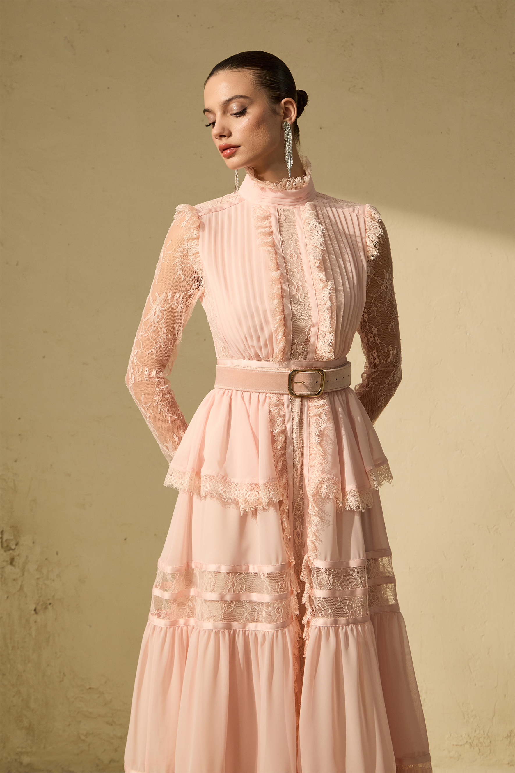 Unique Impression Pink High Neck Ruffled Trim Maxi Dress