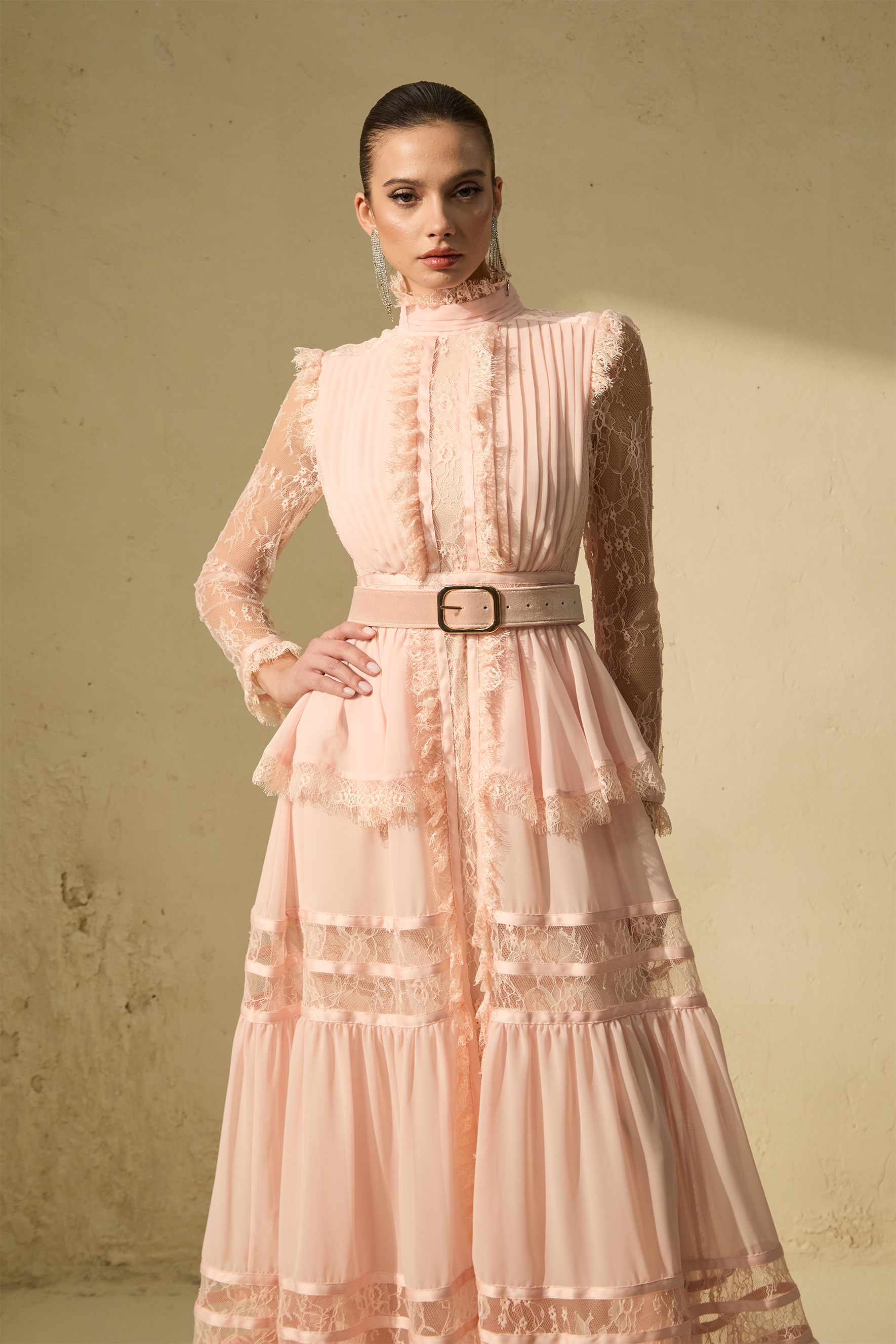 Unique Impression Pink High Neck Ruffled Trim Maxi Dress