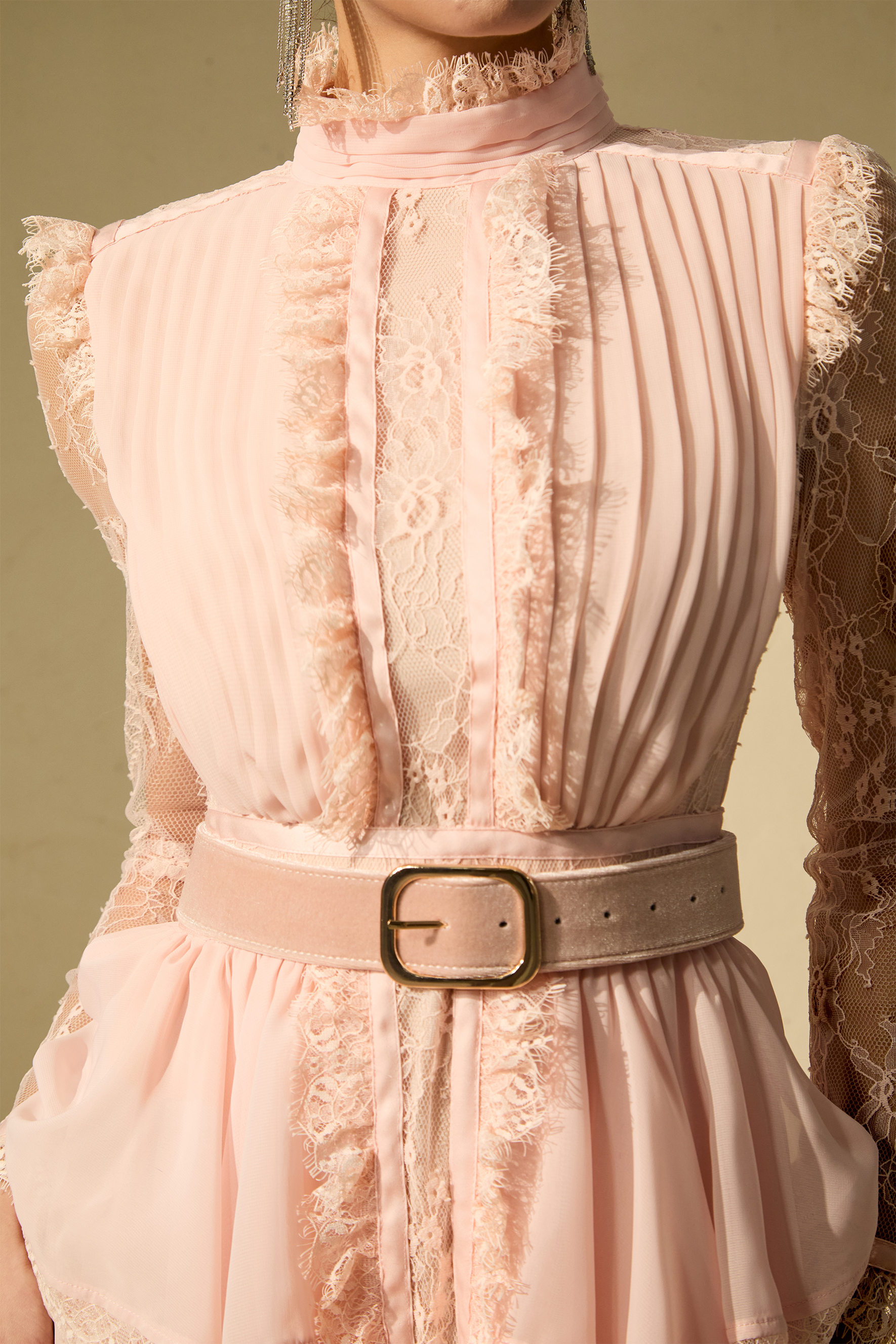 Unique Impression Pink High Neck Ruffled Trim Maxi Dress