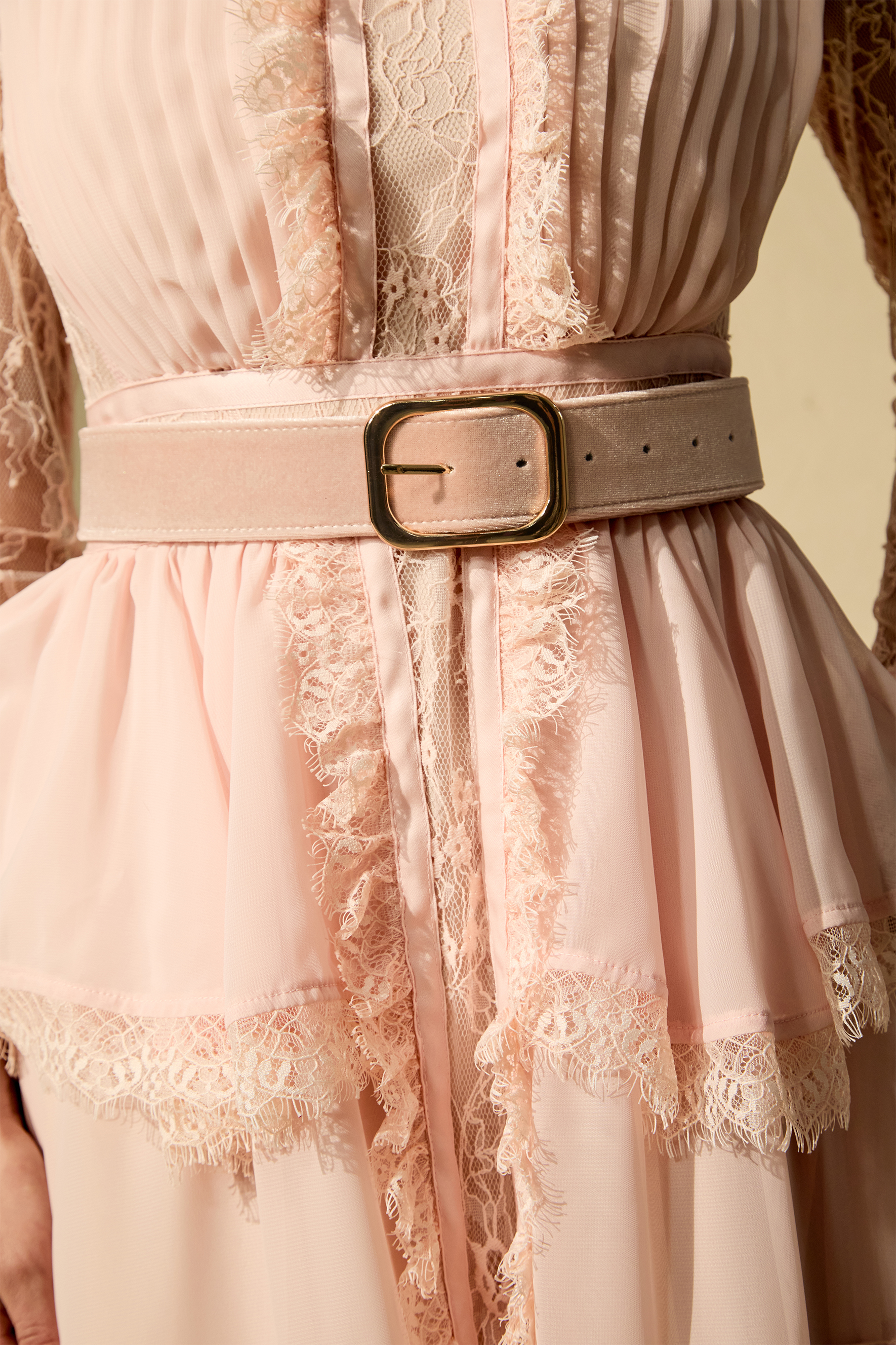 Unique Impression Pink High Neck Ruffled Trim Maxi Dress