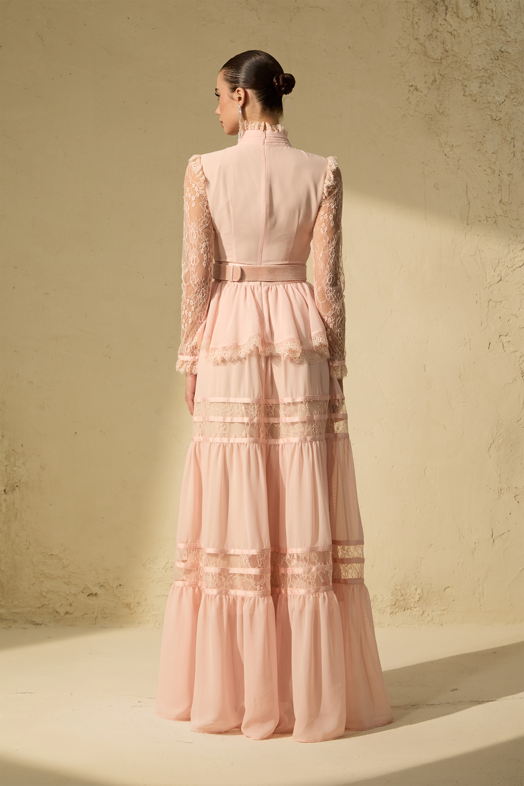 Unique Impression Pink High Neck Ruffled Trim Maxi Dress