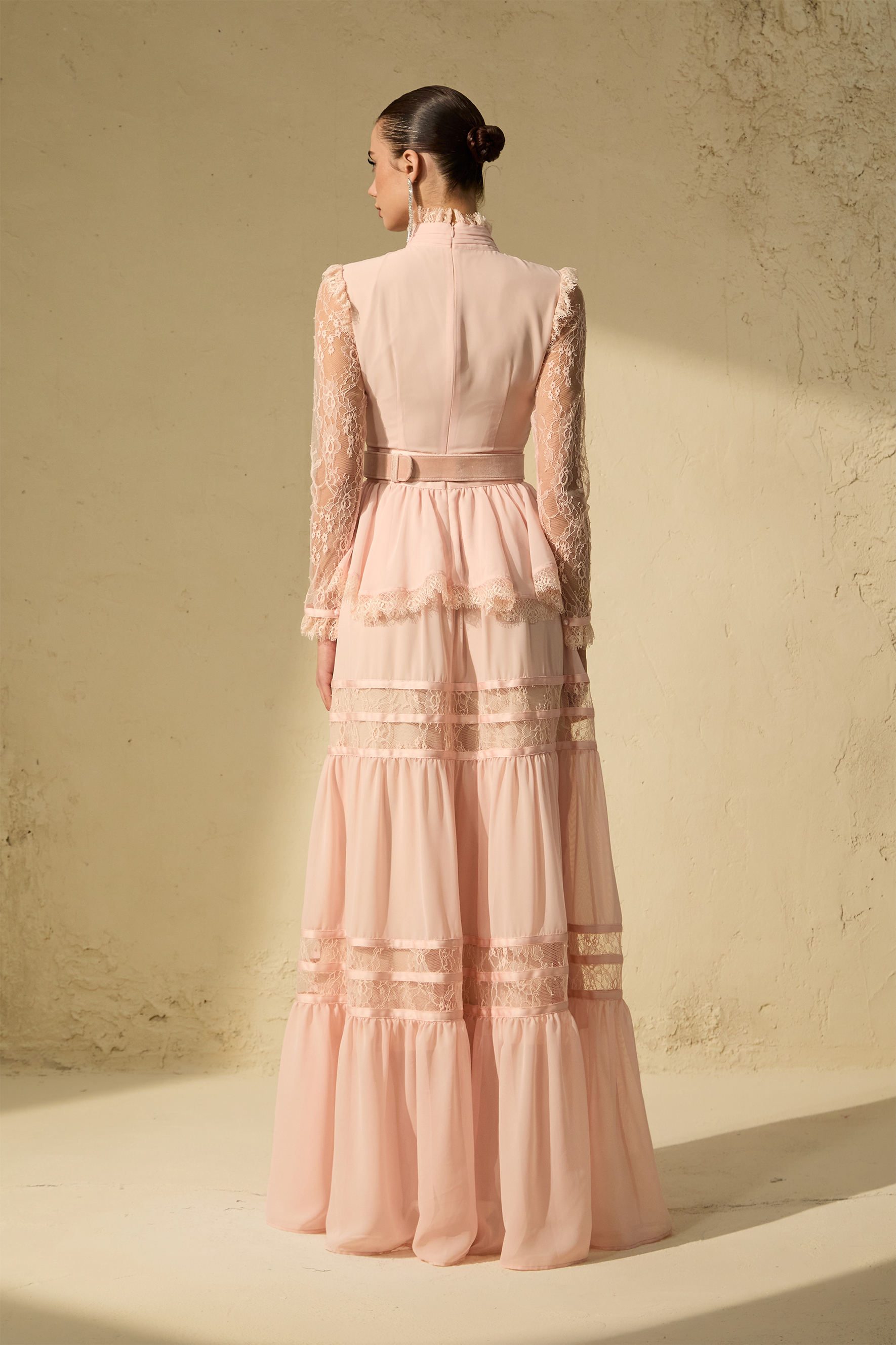 Unique Impression Pink High Neck Ruffled Trim Maxi Dress
