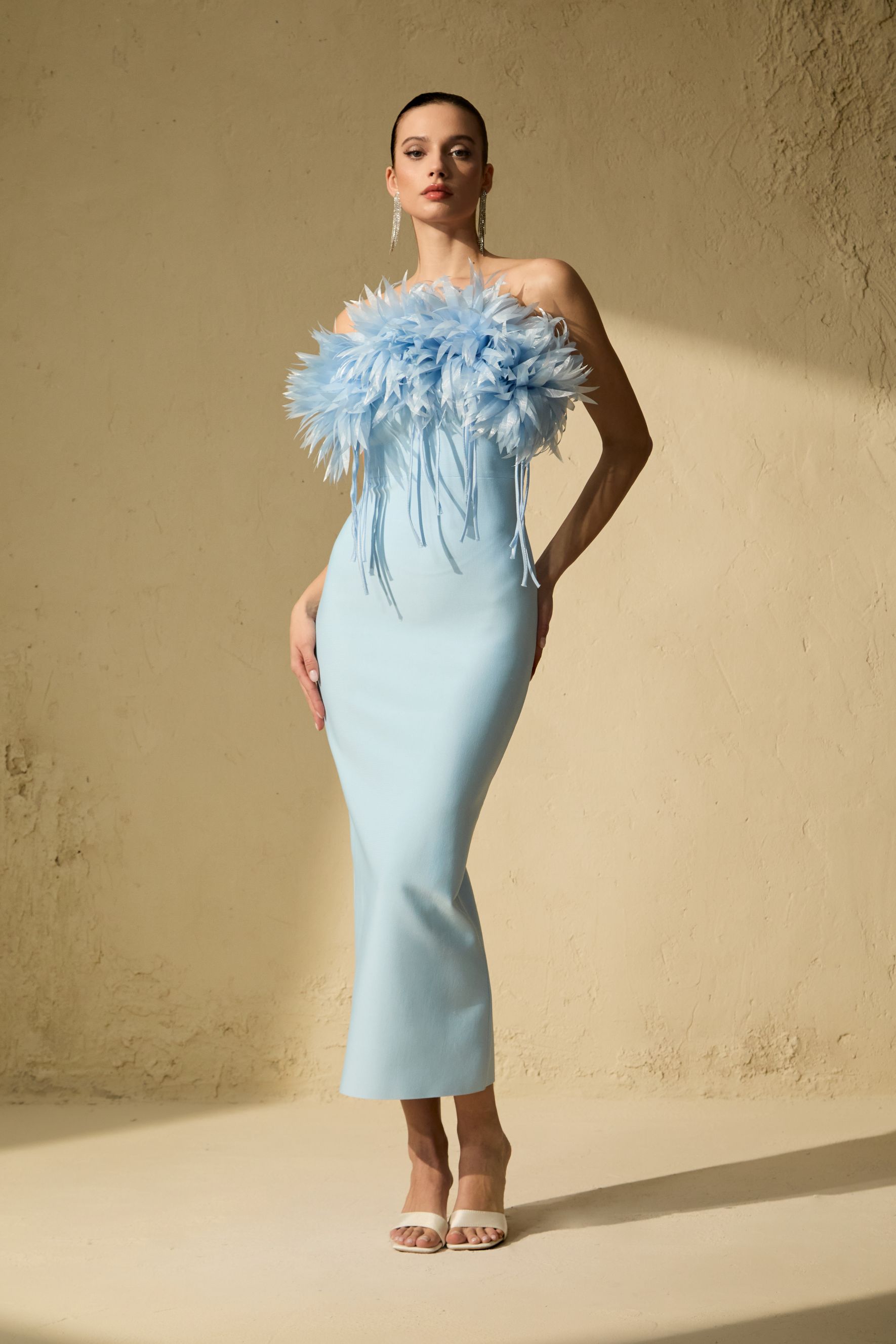 Abundant Charm Blue Petal Applique Strapless Midi Dress