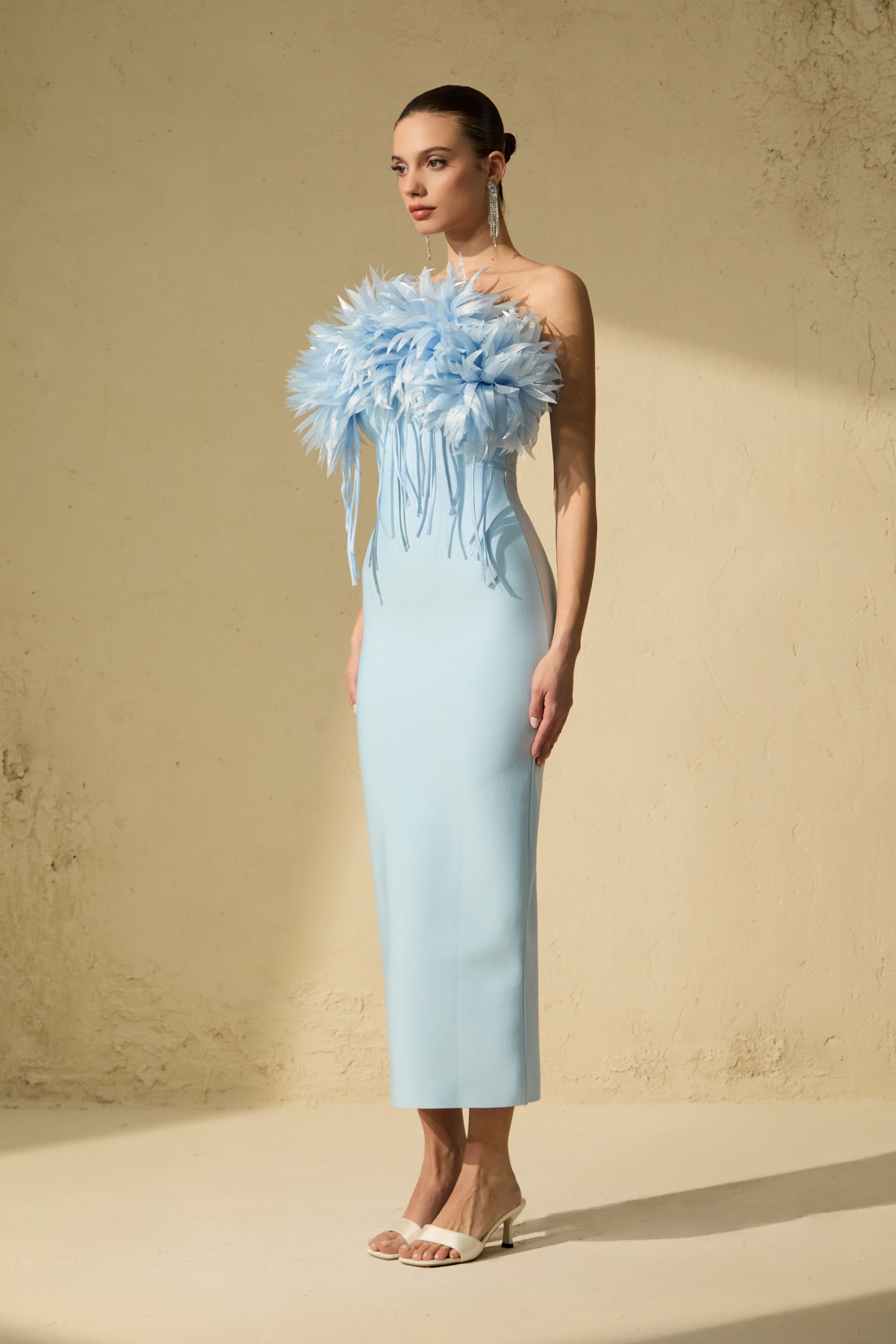 Abundant Charm Blue Petal Applique Strapless Midi Dress