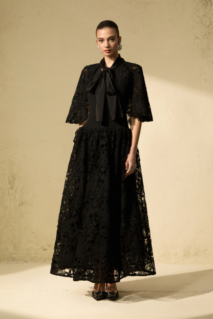 Glamorous Disposition Black Tie Neck Cape & Floral Lace Corset Dress Set