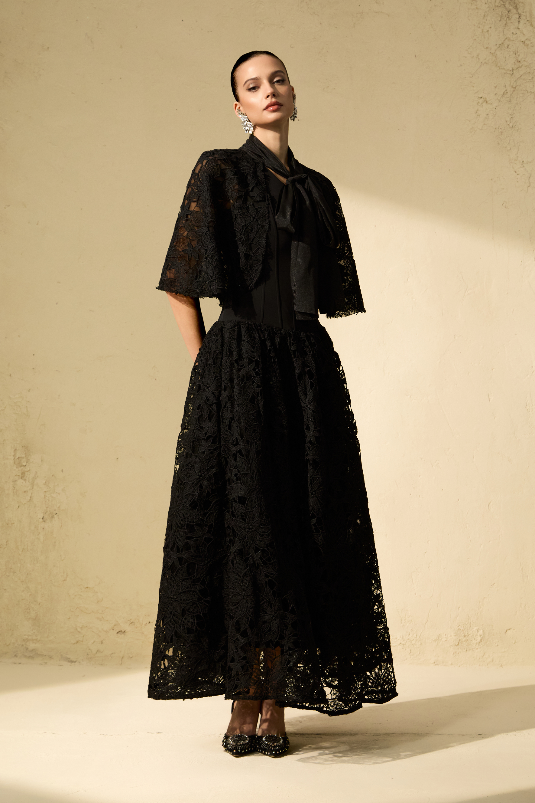 Glamorous Disposition Black Tie Neck Cape & Floral Lace Corset Dress Set
