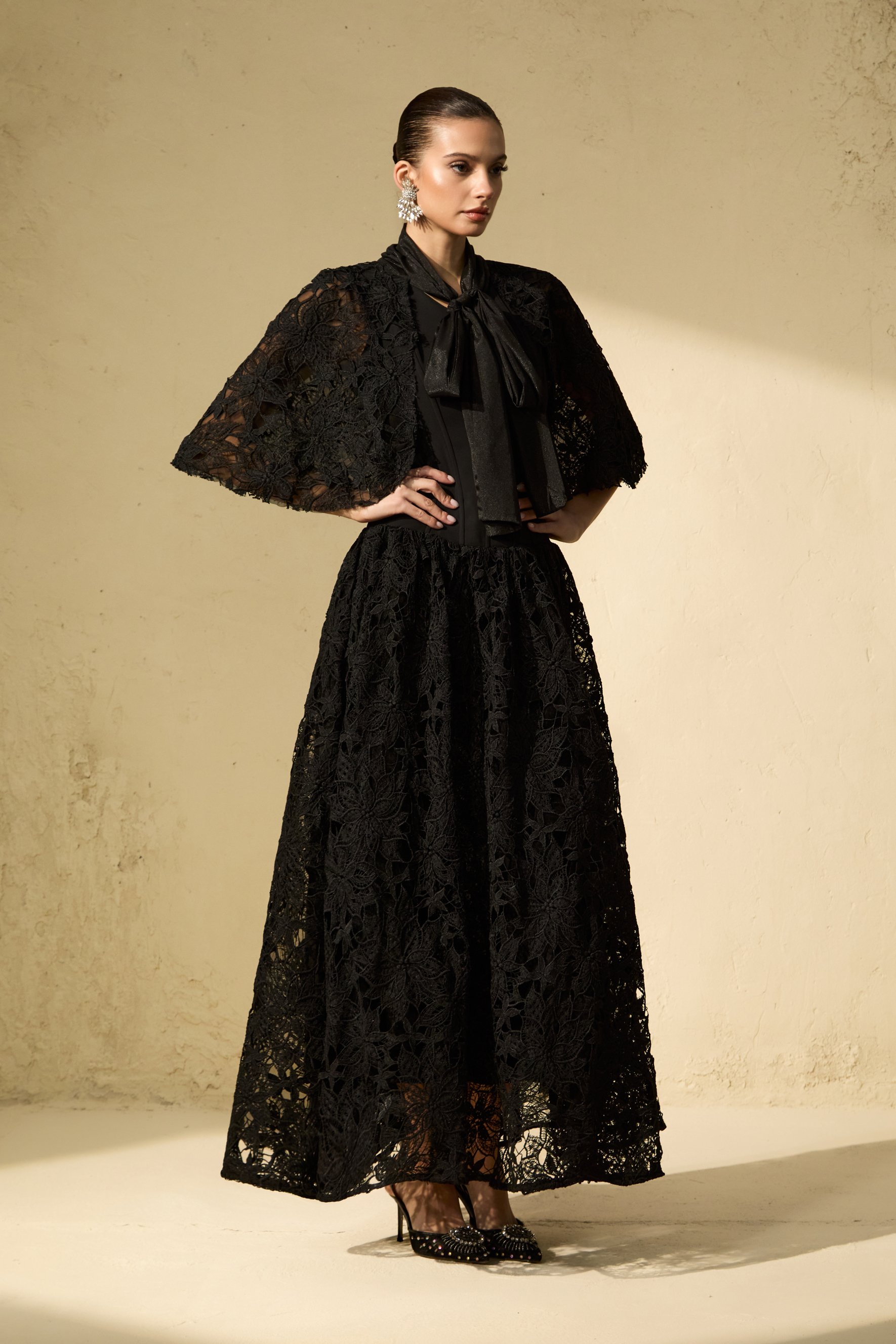 Glamorous Disposition Black Tie Neck Cape & Floral Lace Corset Dress Set