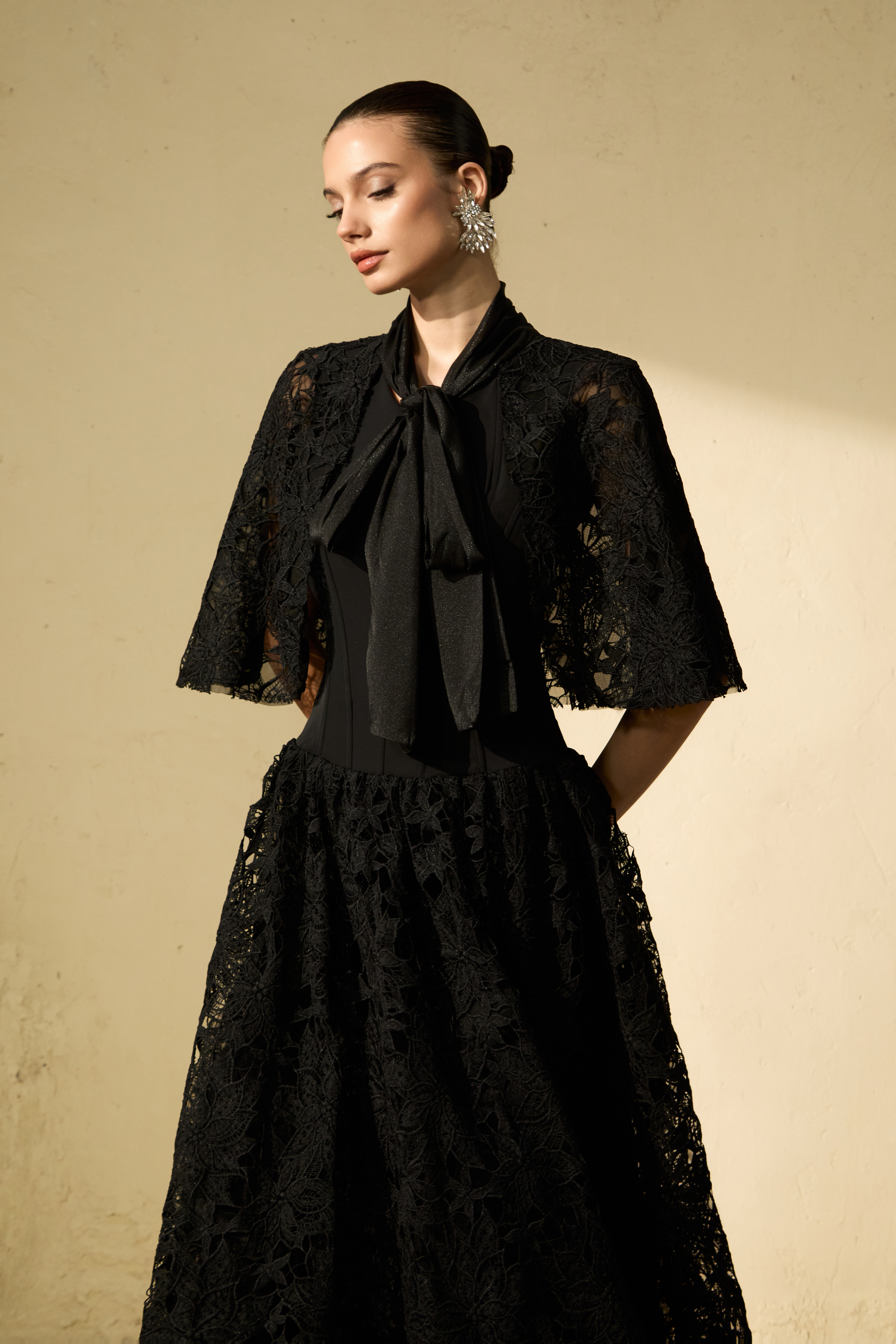 Glamorous Disposition Black Tie Neck Cape & Floral Lace Corset Dress Set
