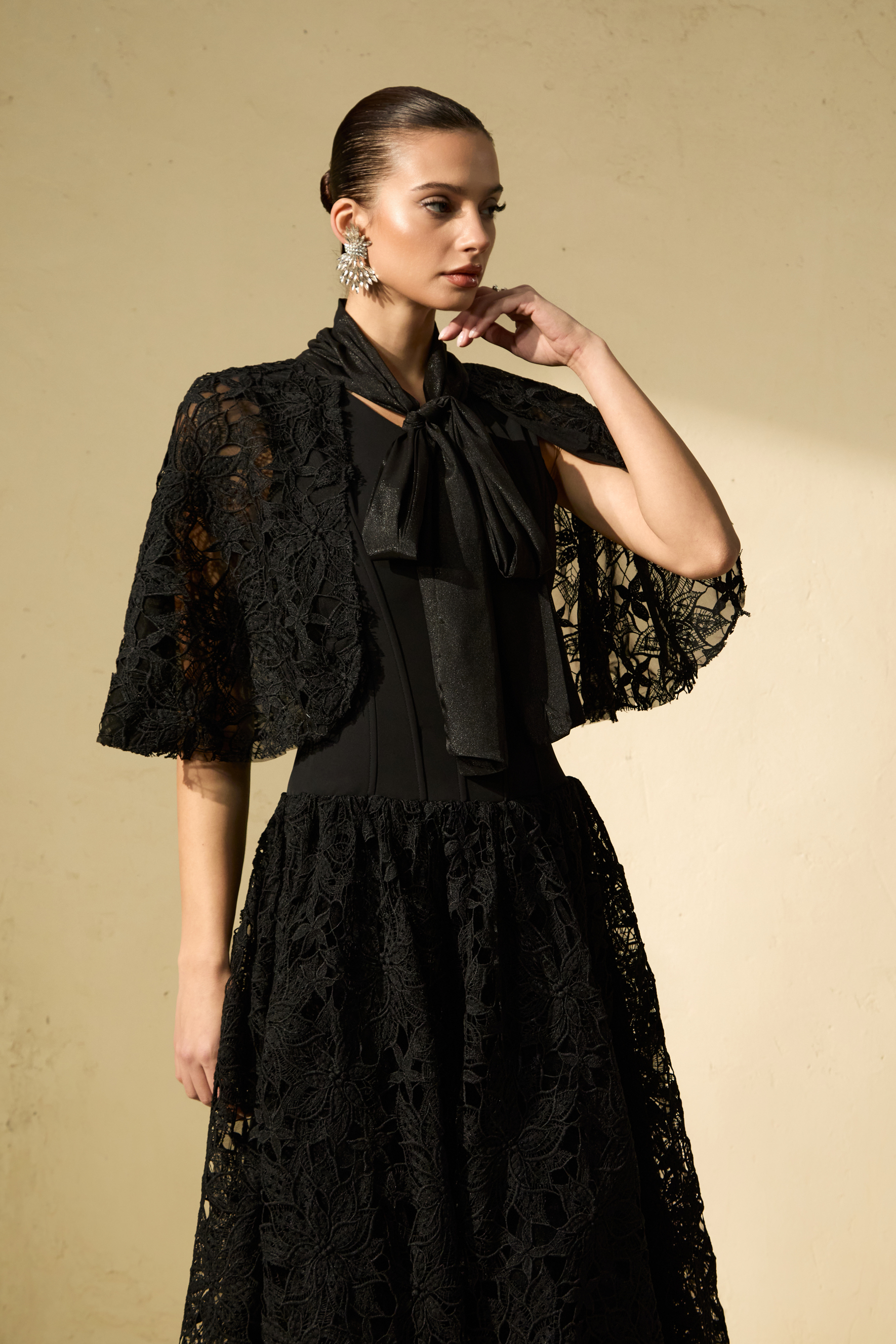 Glamorous Disposition Black Tie Neck Cape & Floral Lace Corset Dress Set