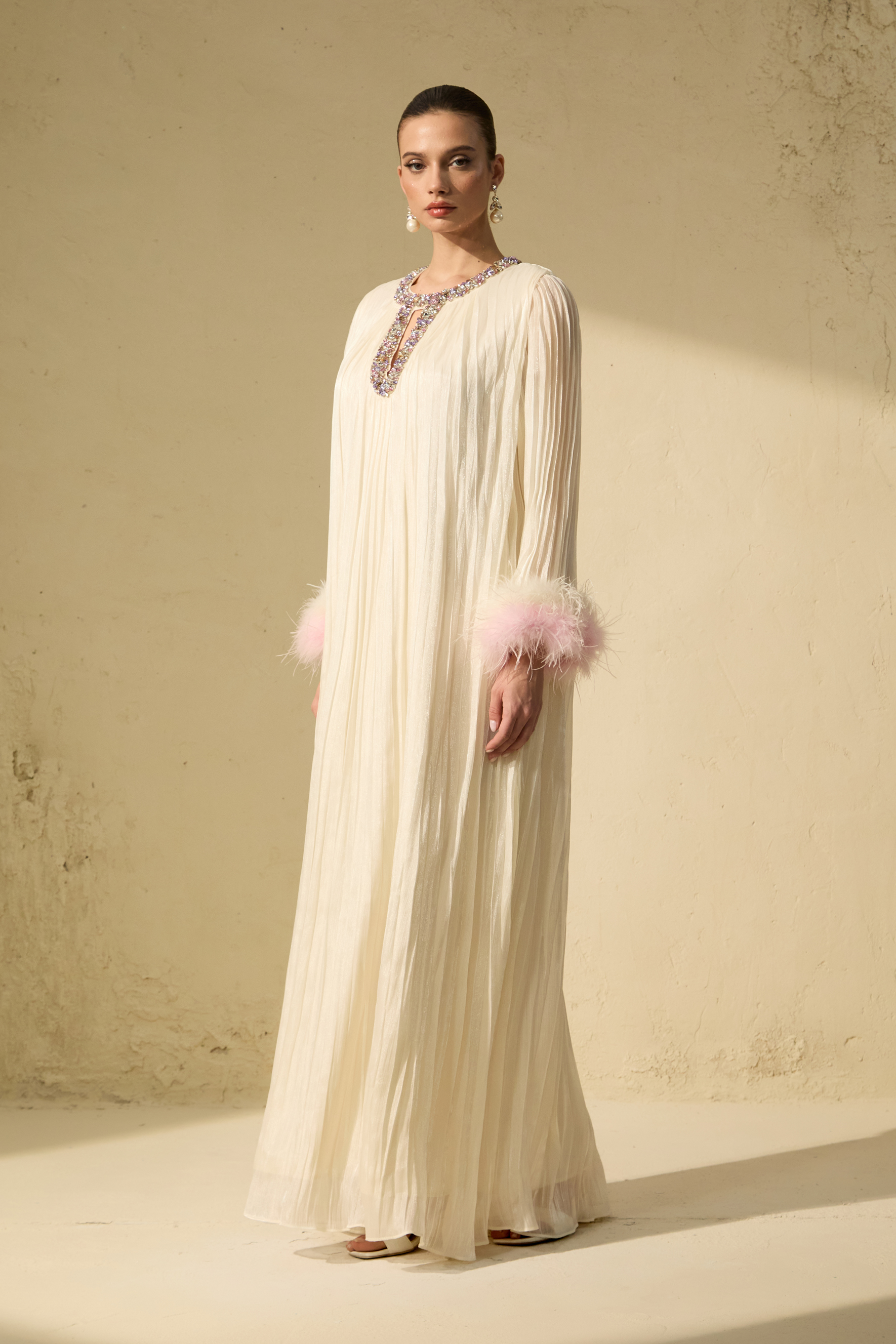 Let There Be Romance Pink Feather Cuff Pleated Maxi Dress