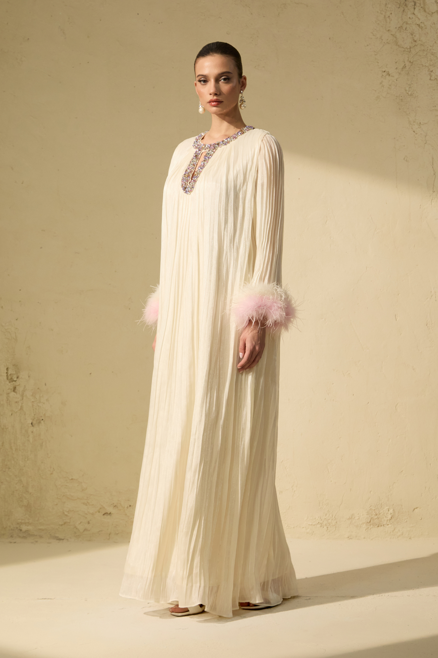 Let There Be Romance Pink Feather Cuff Pleated Maxi Dress